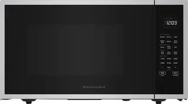 The text on the image reads: "88:08 AUTO FUNCTIONS Popcorn Defrost Cook Soften/ Reheat Melt OVEN Bakal Air Fry Roast Keep Warm Gril Cook Cook Time Power QUOLETART 1 min 2 min Steam Clean 3 min 4 min 5 min 6 min I Timer + Stop Start KitchenAid."
Corrected text: "88:08 Auto Functions: Popcorn, Defrost, Cook Soften/Reheat, Melt, Oven, Bake, Air Fry, Roast, Keep Warm, Grill Cook, Cook Time, Power, Quiche, Steam Clean, 3 min, 4 min, 5 min, 6 min, I Timer + Stop Start, KitchenAid."