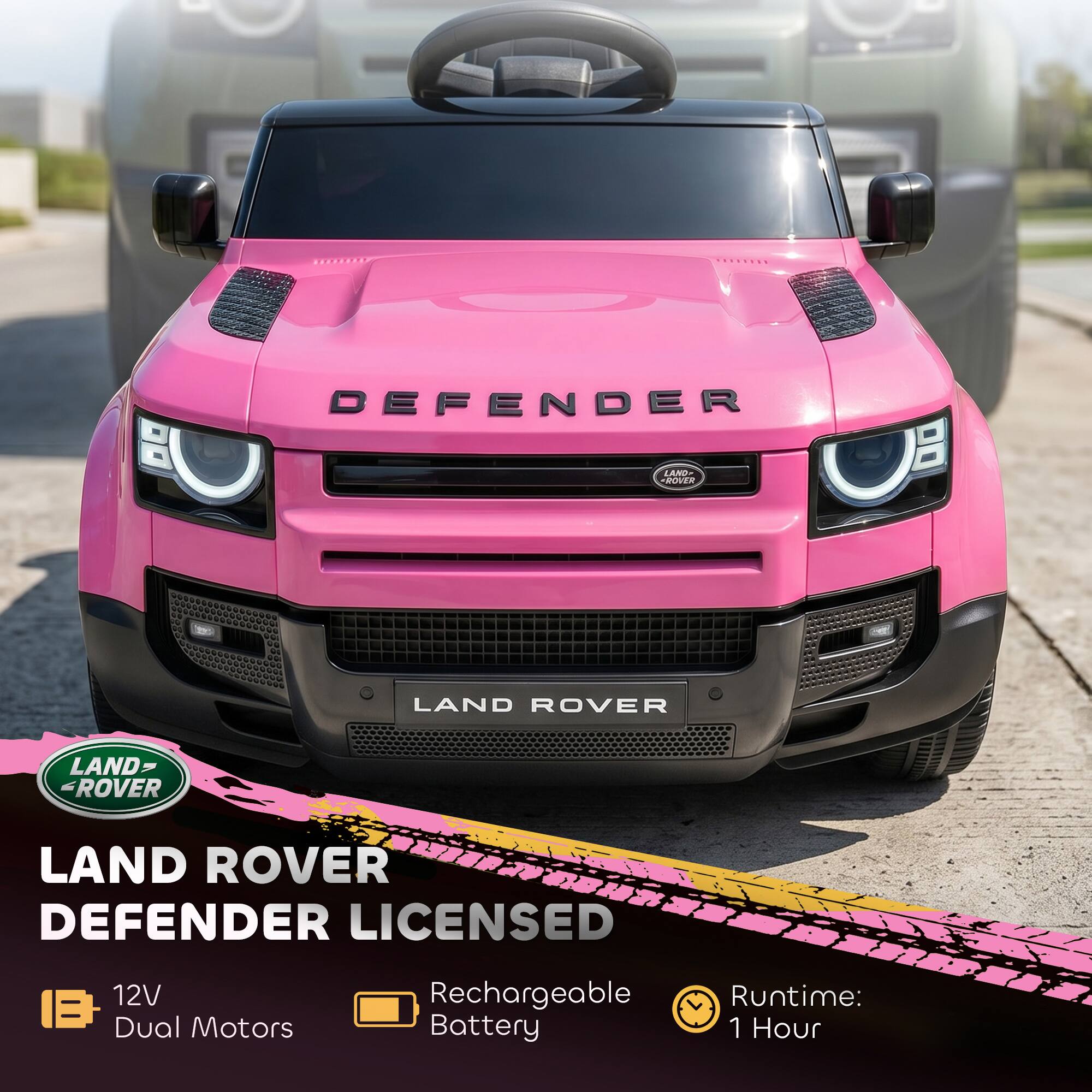 DEFENDER LANE 20V0 - LAND ROVER LAND ROVER LAND ROVER DEFENDER LICENSED 12V 1 Dual Motors Rechargeable Battery Runtime: 1 Hour
