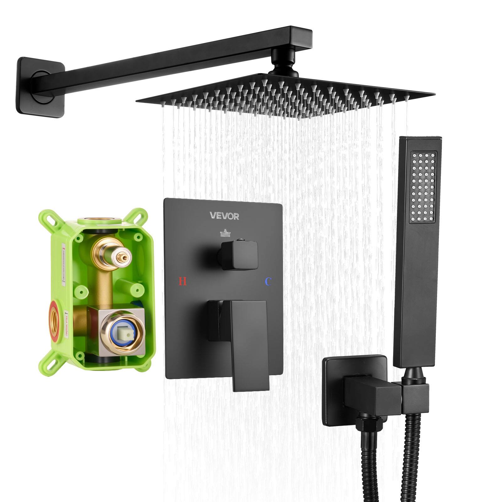 Front. VEVOR - Shower Faucet Set, Rainfall Bathroom Shower System with 8-Inch Square Rain Shower Head and Handheld Spray - Matte Black.