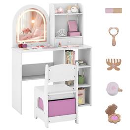 Costway - Kids Vanity Set Princess Girls Makeup Vanity Desk with 3-Color LED Lighted Mirror - White