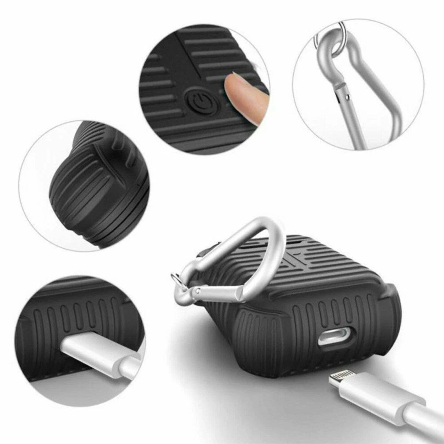 Angle. Stock Preferred - Protective Silicone Case with Keychain for AirPods 1 & 2 – Shockproof, Scratch Resistant Cover - Black.