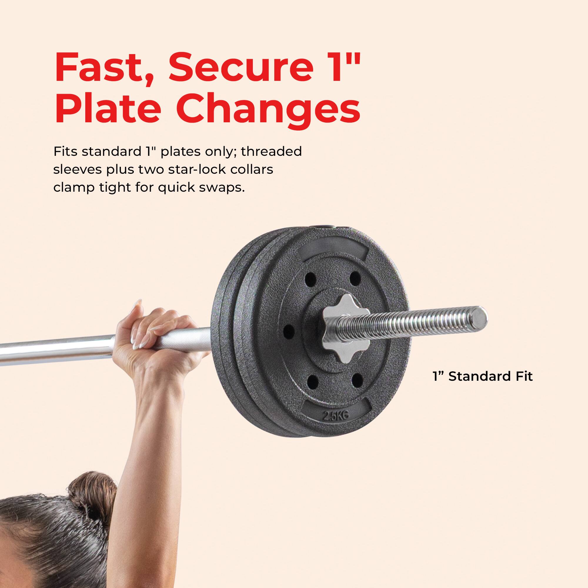 Fast, Secure 1" Plate Changes

Fits standard 1" plates only; threaded sleeves plus two star-lock collars clamp tight for quick swaps.

1" Standard Fit

25KG