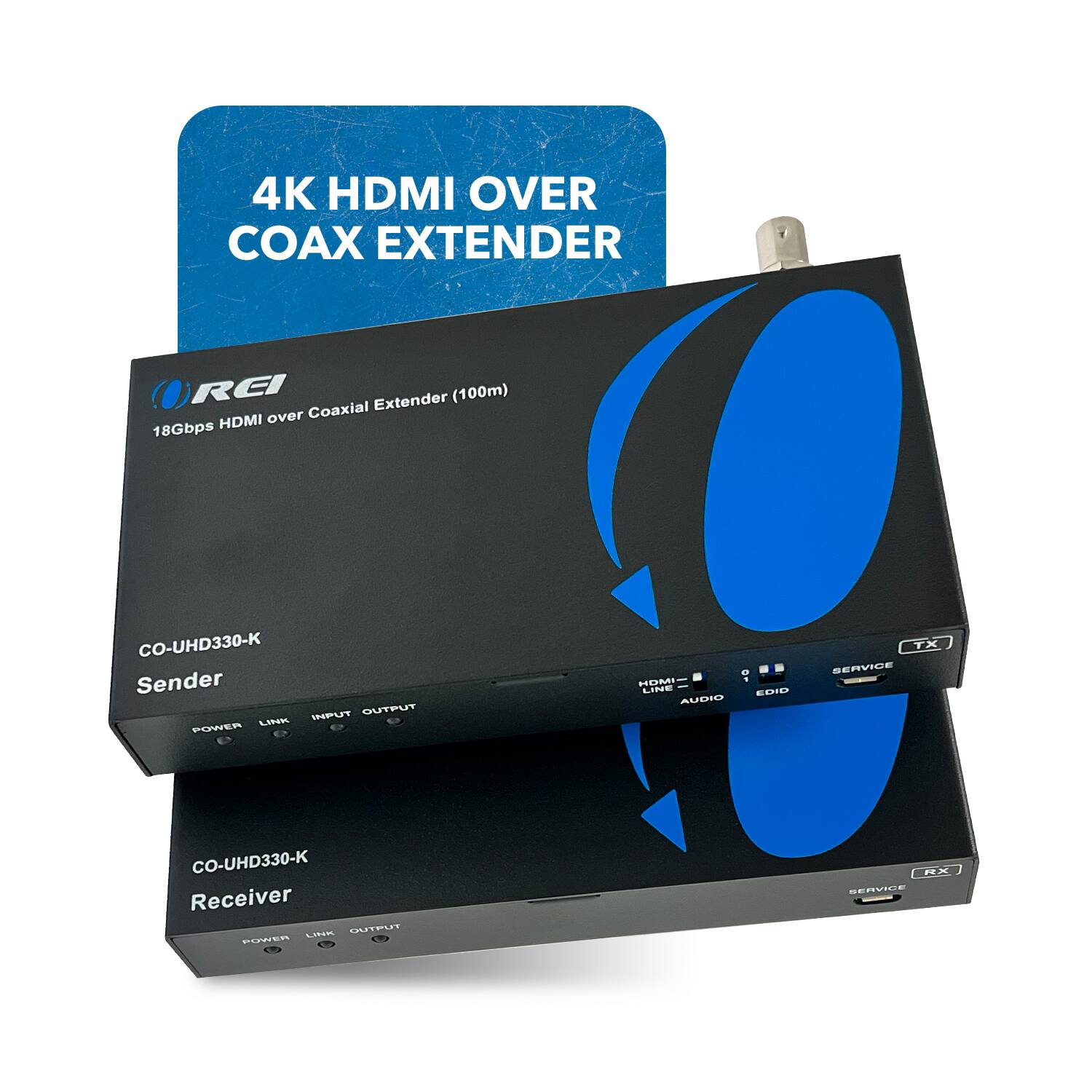 4K HDMI Over Coax Extender (100m) over Coaxial 18Gbps HDMI CO-UHD330-K Sender: INPUT, OUTPUT, LINK, POWER, HOM, CINE, AUDIO 1, 1, EDID, TX, SERVICE. CO-UHD330-K Receiver: LNn, OUTPUT, PUER, HX, RERIUE.