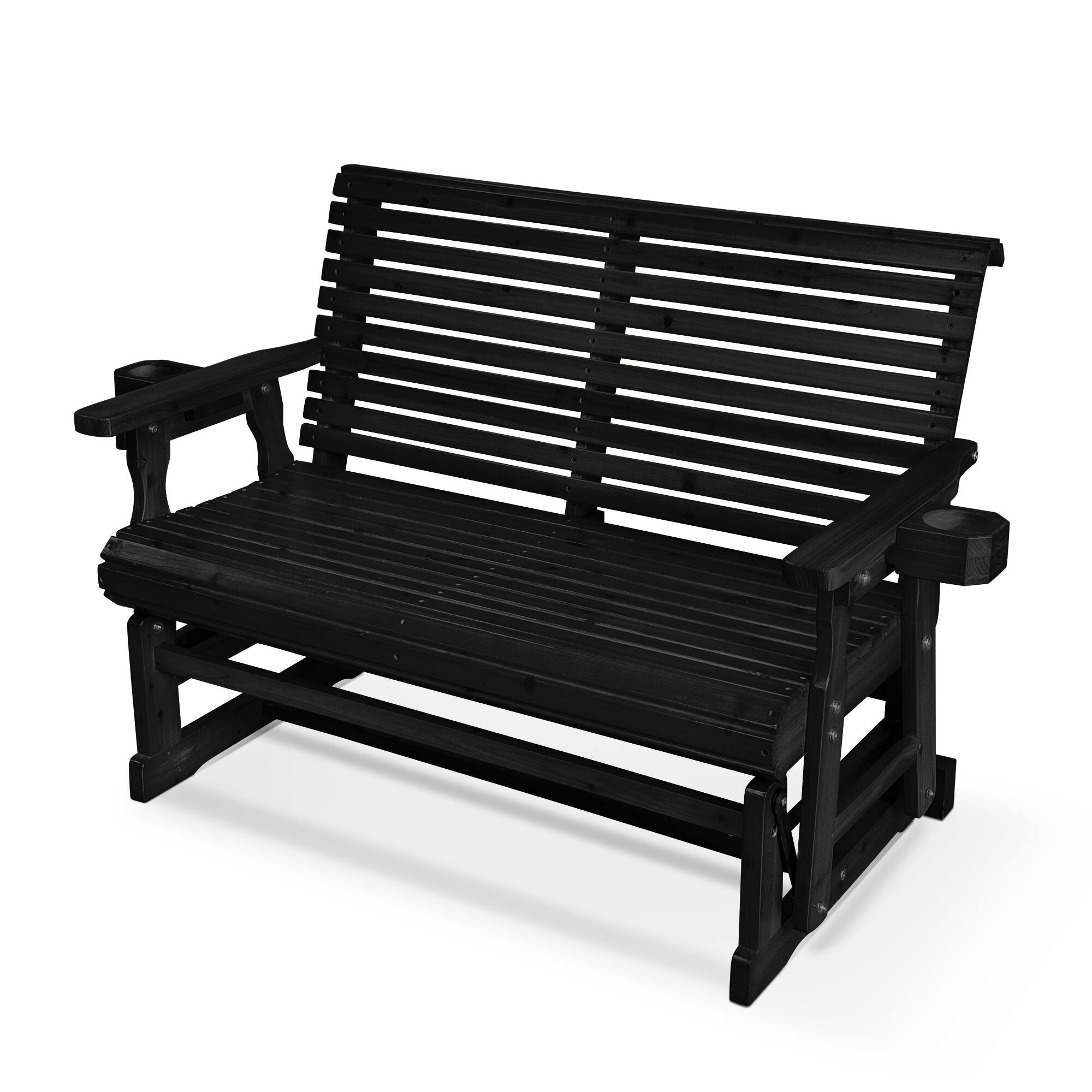 Fortune Candy - Wooden Patio Glider with Cup Holders, High Roll Back and Deep Contoured Seat, Heavy Duty 800 Lb (2-Seater) - Carbon Black