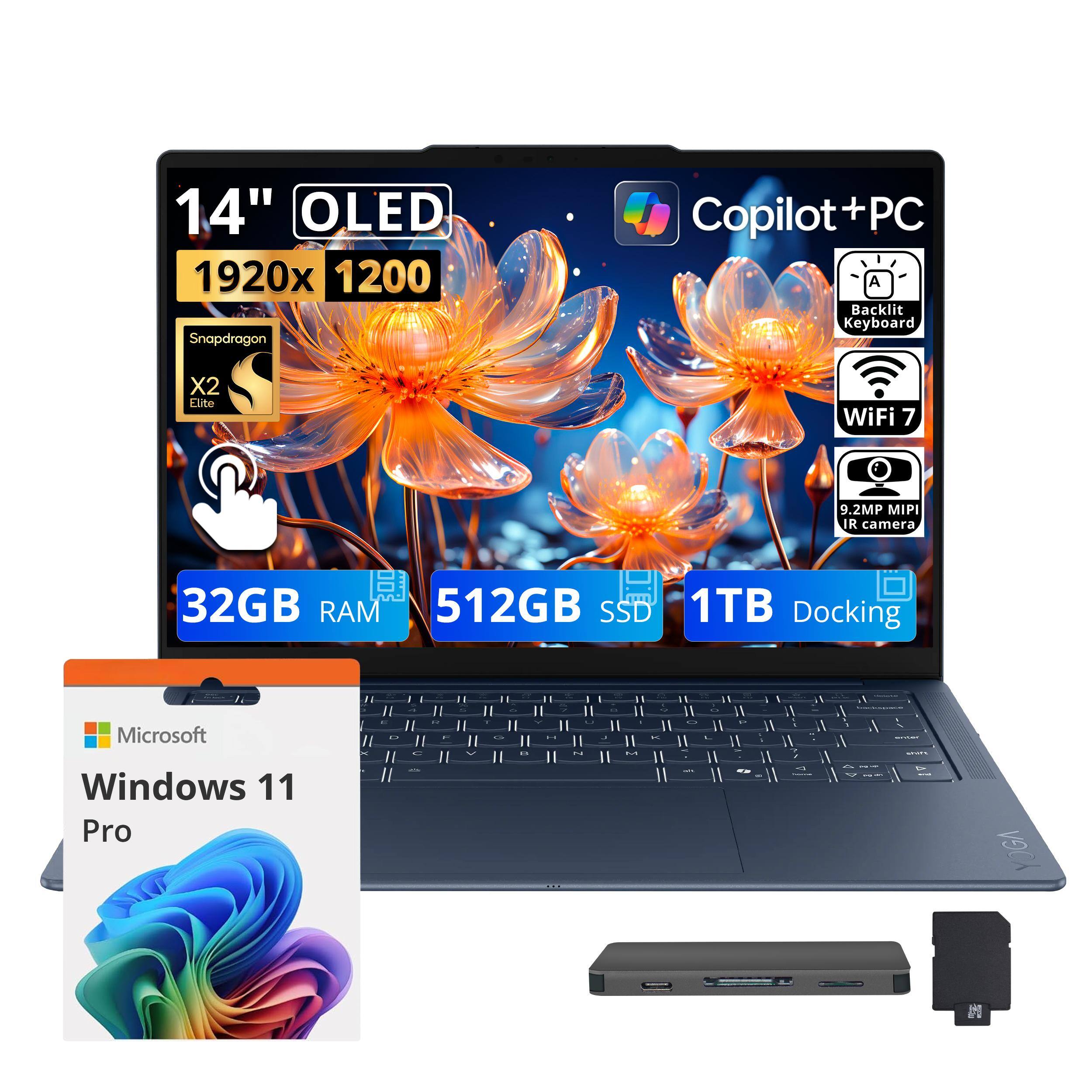 14" OLED 1920x1200 Snapdragon X2 Elite  
Copilot + PC  
Backlit Keyboard  
WiFi 7  
9.2MP MIPI IR camera  
32GB RAM 512GB SSD 1TB Docking  
Microsoft Windows 11 Pro