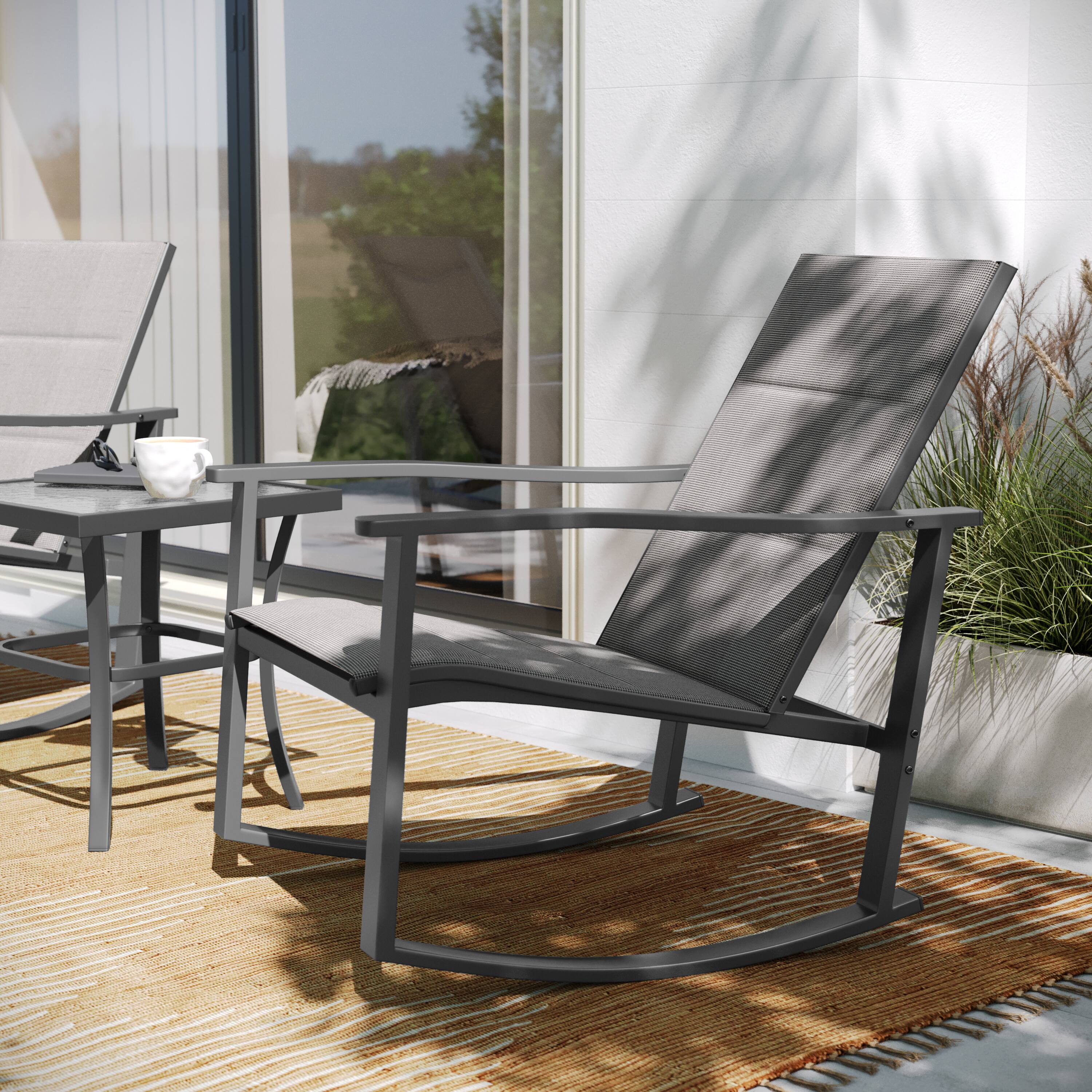 Alt View 3. Flash Furniture - Brazos 3 Piece Outdoor Rocking Chair Bistro Set with Flex Comfort Material and Steel Framed Glass Top Table, Gray/Black - Gray.