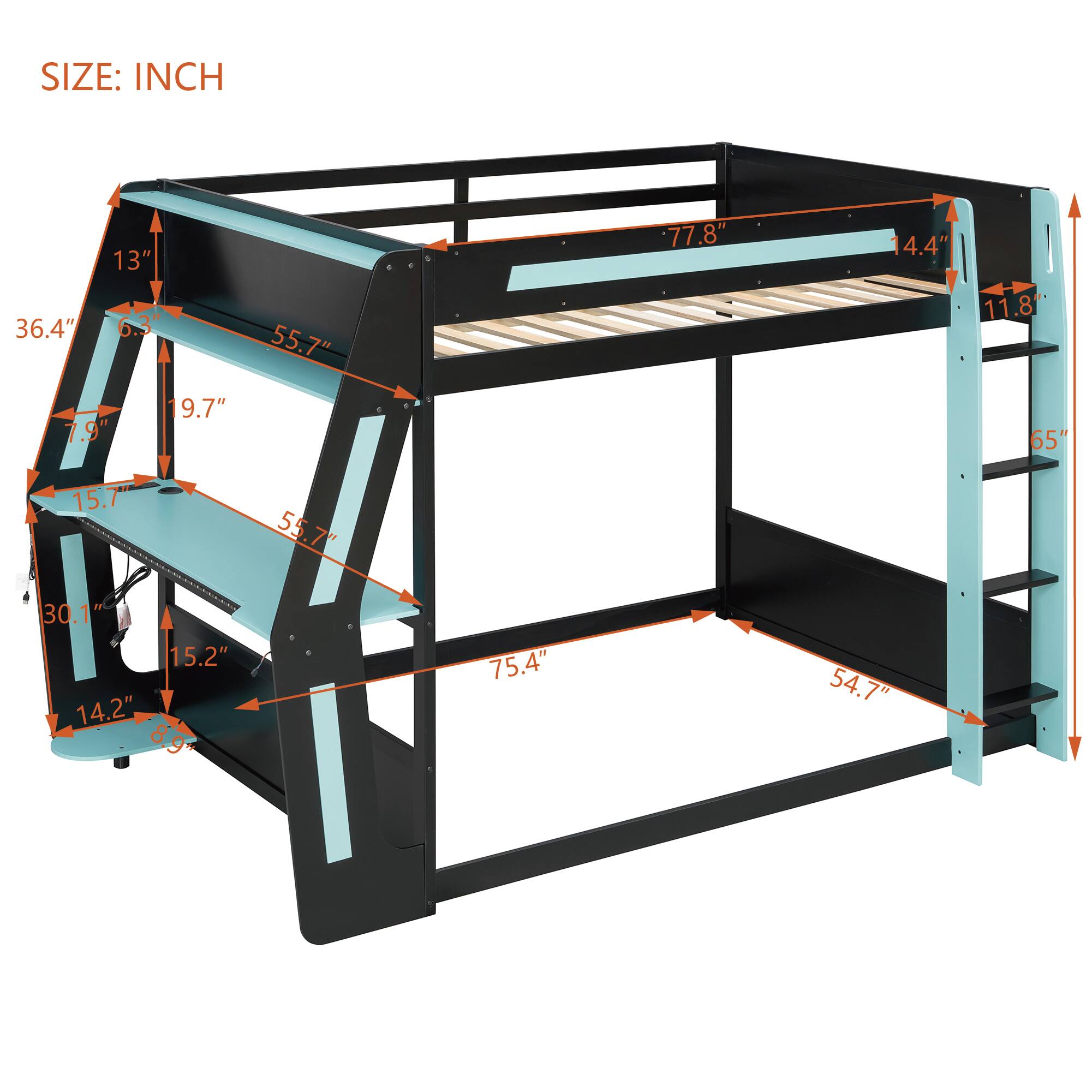 SIZE: INCH

- 36.4"
- 13"
- 6.3"
- 55.7"
- 77.8"
- 4.4"
- 11.8"
- 7.9"
- 19.7"
- 65"
- 15.7"
- 55.7"
- 55"
- 30.1"
- 15.2"
- 14.2"
- 8.9"
- 9"
- 75.4"
- 54.7"