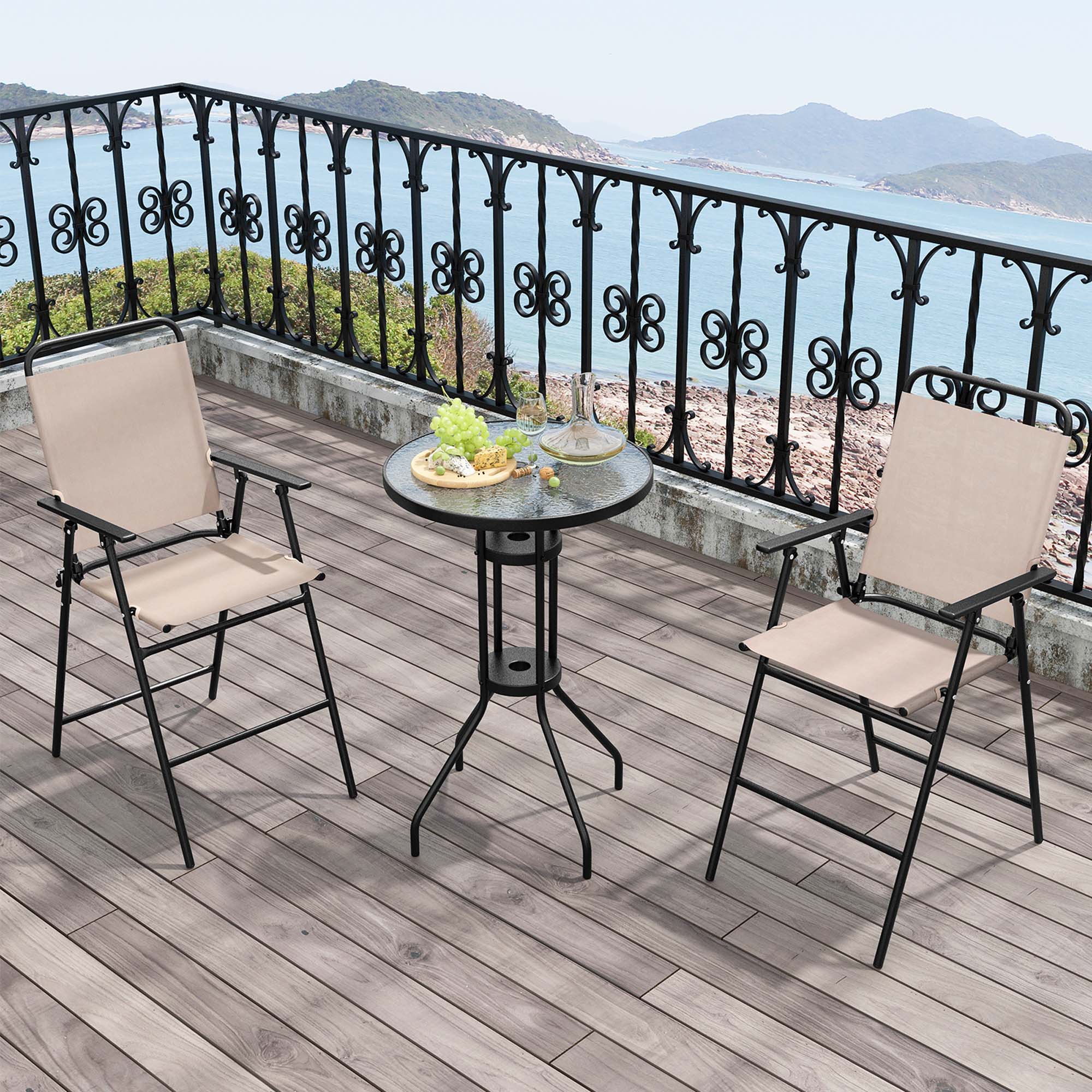 Alt View 3. Costway - Costway 3PCS Patio Bistro Set Folding Chairs Round Bar Table with 1.6"Umbrella Hole Yard - Beige.