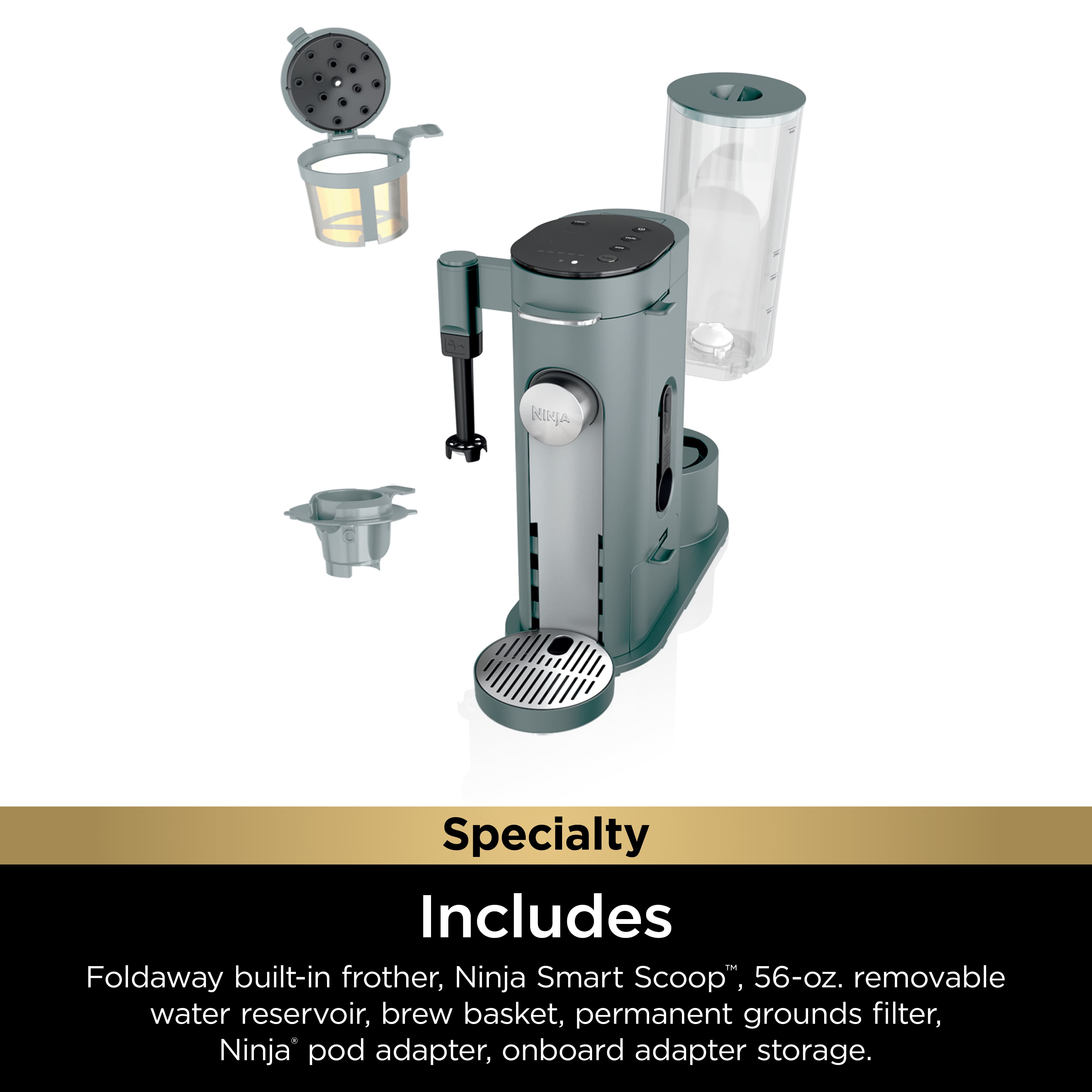 The image showcases a coffee maker with a green and black color scheme. It features a fold-away built-in frother, a Ninja Smart Scoop, a 56-oz. removable water reservoir, a brew basket, a permanent grounds filter, a Ninja pod adapter, and onboard adapter storage. The coffee maker is designed for convenience and efficiency, making it a great addition to any kitchen.