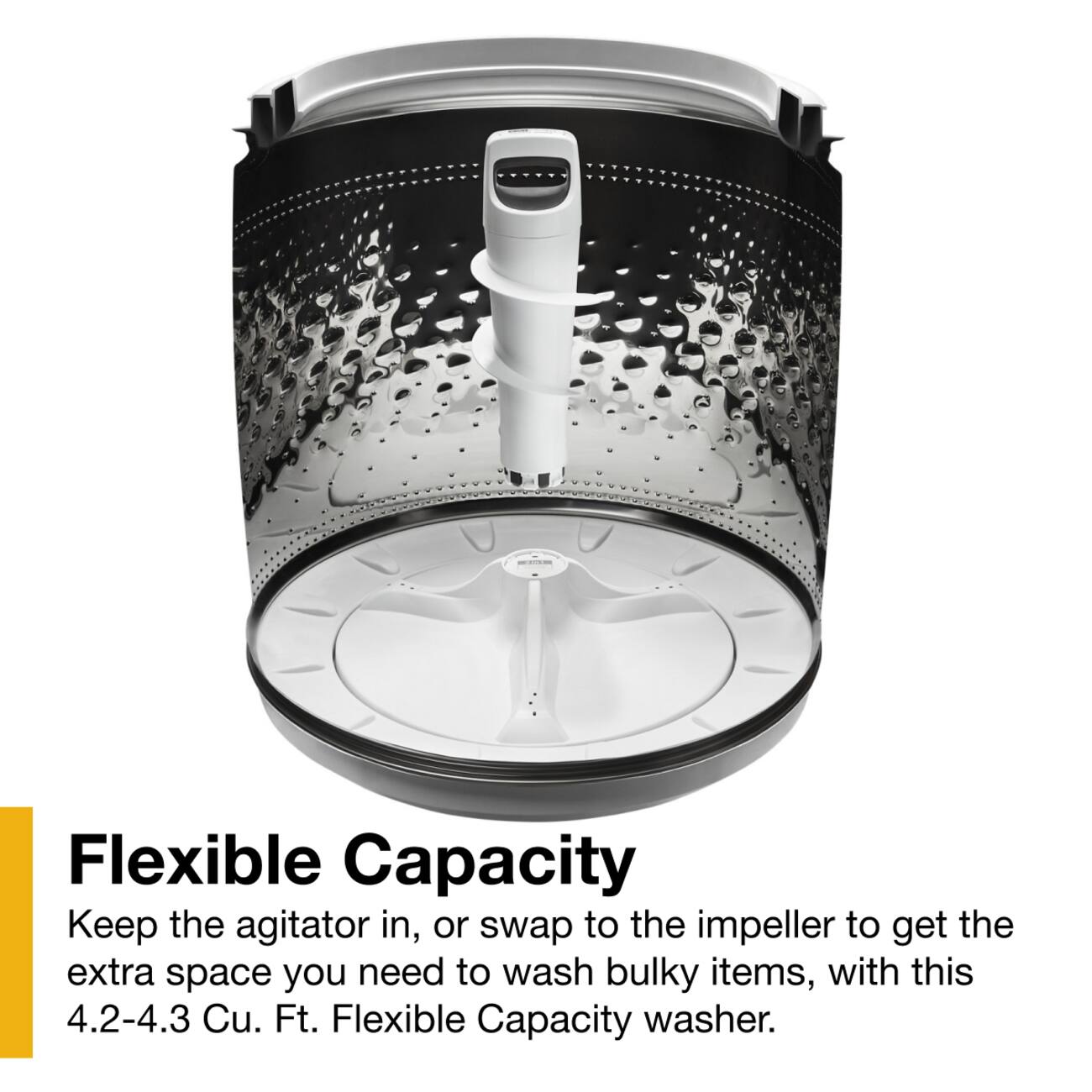 Flexible Capacity

Keep the agitator in, or swap to the impeller to get the extra space you need to wash bulky items, with this 4.2-4.3 Cu. Ft. Flexible Capacity washer.