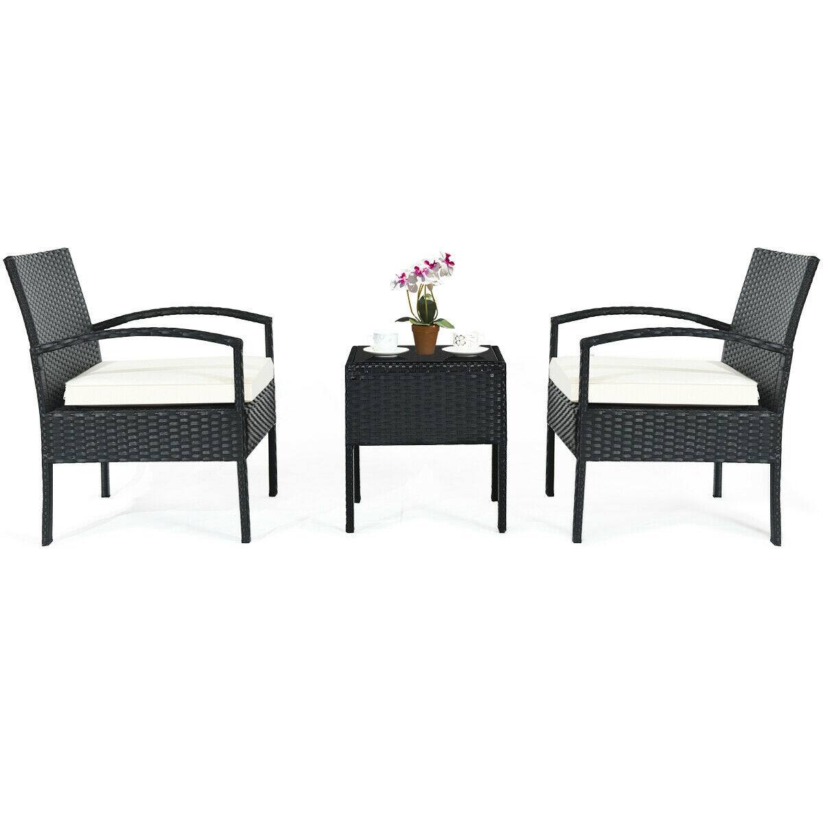 Front. Ecooso - 3-Piece Outdoor Rattan Patio Conversation Set with Cushions - Black.