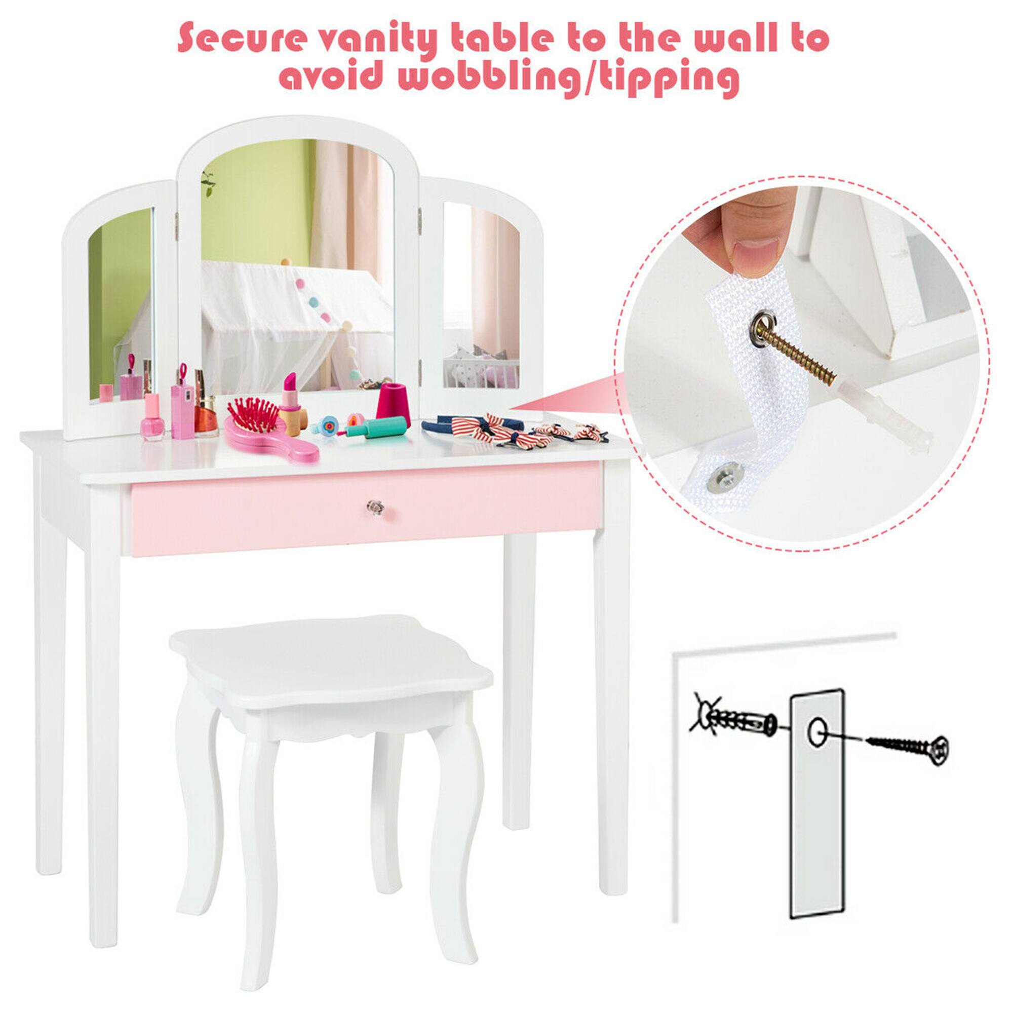 Secure vanity table to the wall to avoid wobbling/tipping