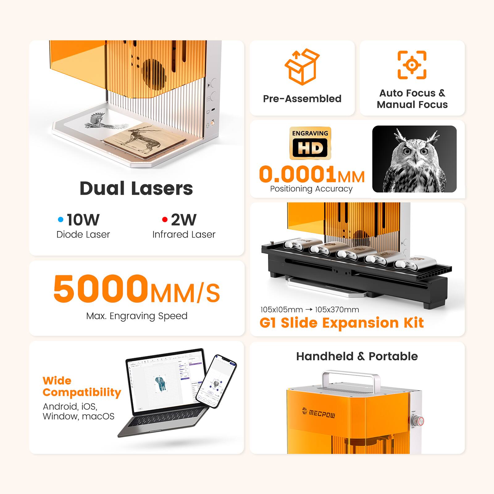 - Pre-Assembled Auto Focus & Manual Focus Dual Lasers
- ENGRAVING HD 0.0001MM Positioning Accuracy
- 10W Diode Laser
- 2W Infrared Laser
- 5000MM/S Max. Engraving Speed
- 105x105mm → 105x370mm G1 Slide Expansion Kit
- Handheld & Portable
- Wide Compatibility Android, iOS, Window, macOS
- MECPOW