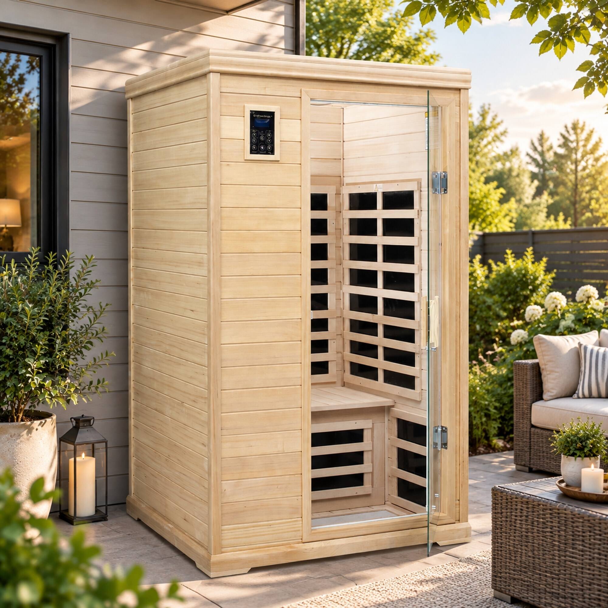Angle. RYHNUYNE - Two-Person Far-Infrared Hemlock Indoor Sauna, 43.7 x 38.58 x 76.38 in, 9 Heating Panels, Bluetooth Audio, LCD Touch - Natural.