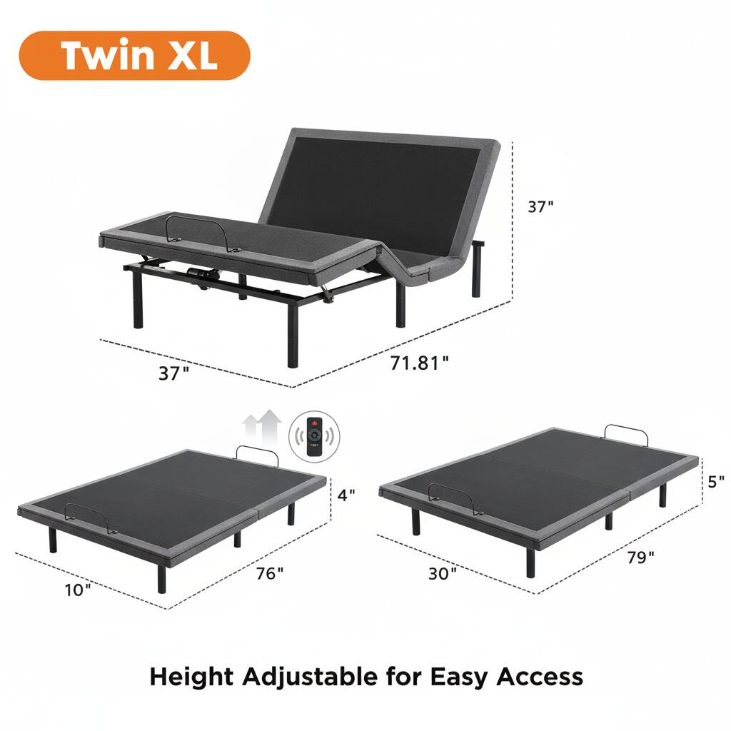 Twin XL

37" x 37" x 71.81"

4" x 10" x 76"

5" x 30" x 79"

Height Adjustable for Easy Access