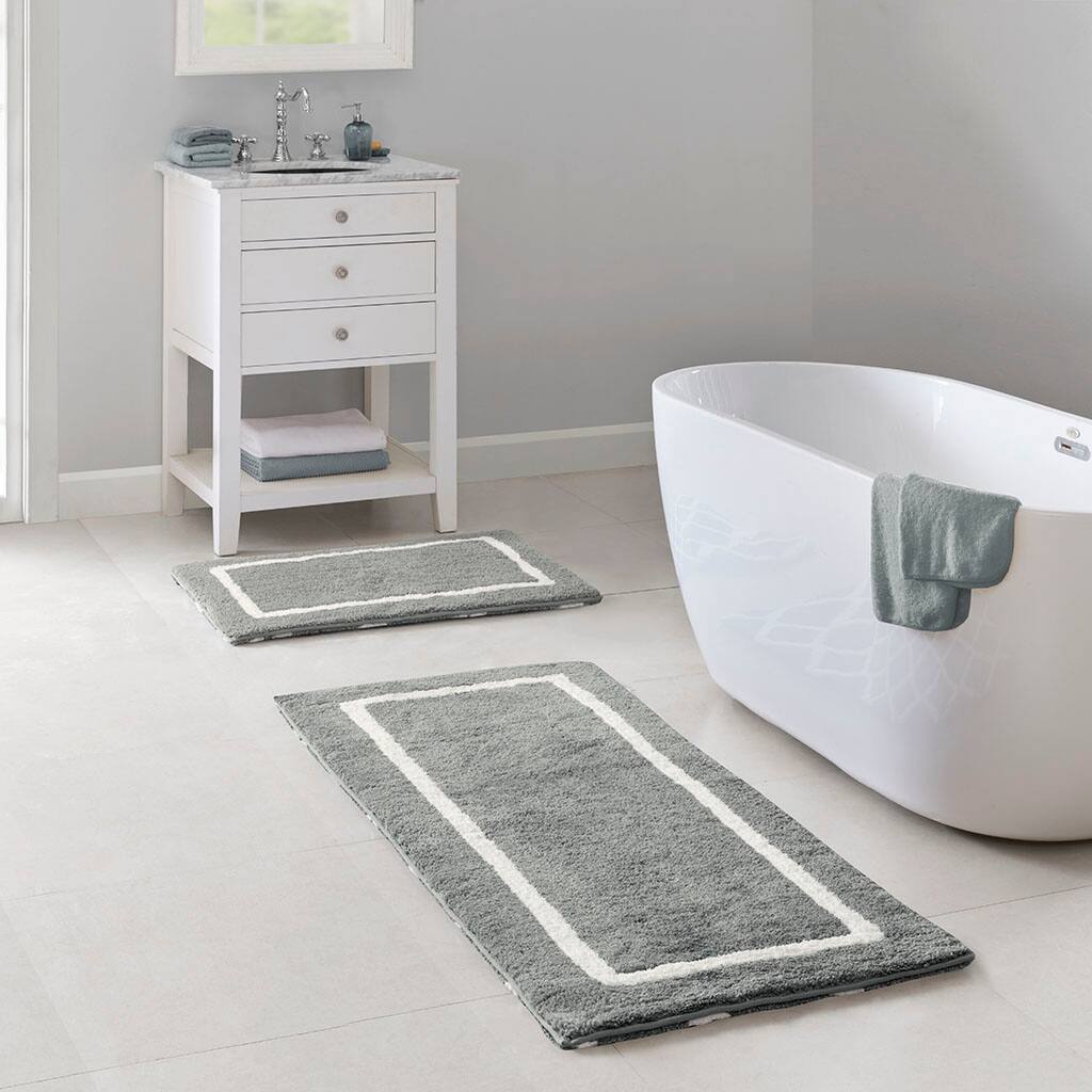 Back. APRILSOUL - Reversible High Pile Bath Rug Set Geometric to Stripes Oeko Tex Certified - Gray.