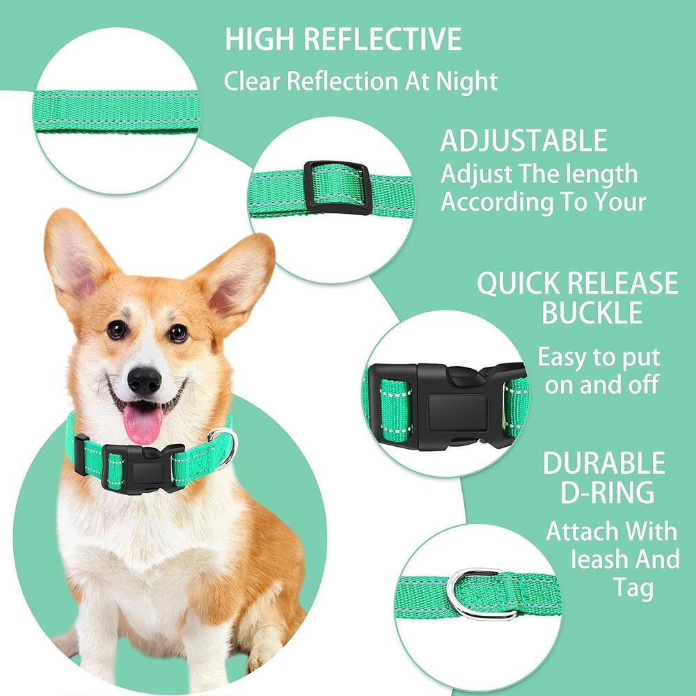 - HIGH REFLECTIVE  
  Clear Reflection At Night

- ADJUSTABLE  
  Adjust The length According To Your

- QUICK RELEASE BUCKLE  
  Easy to put on and off

- DURABLE D-RING  
  Attach With leash And Tag