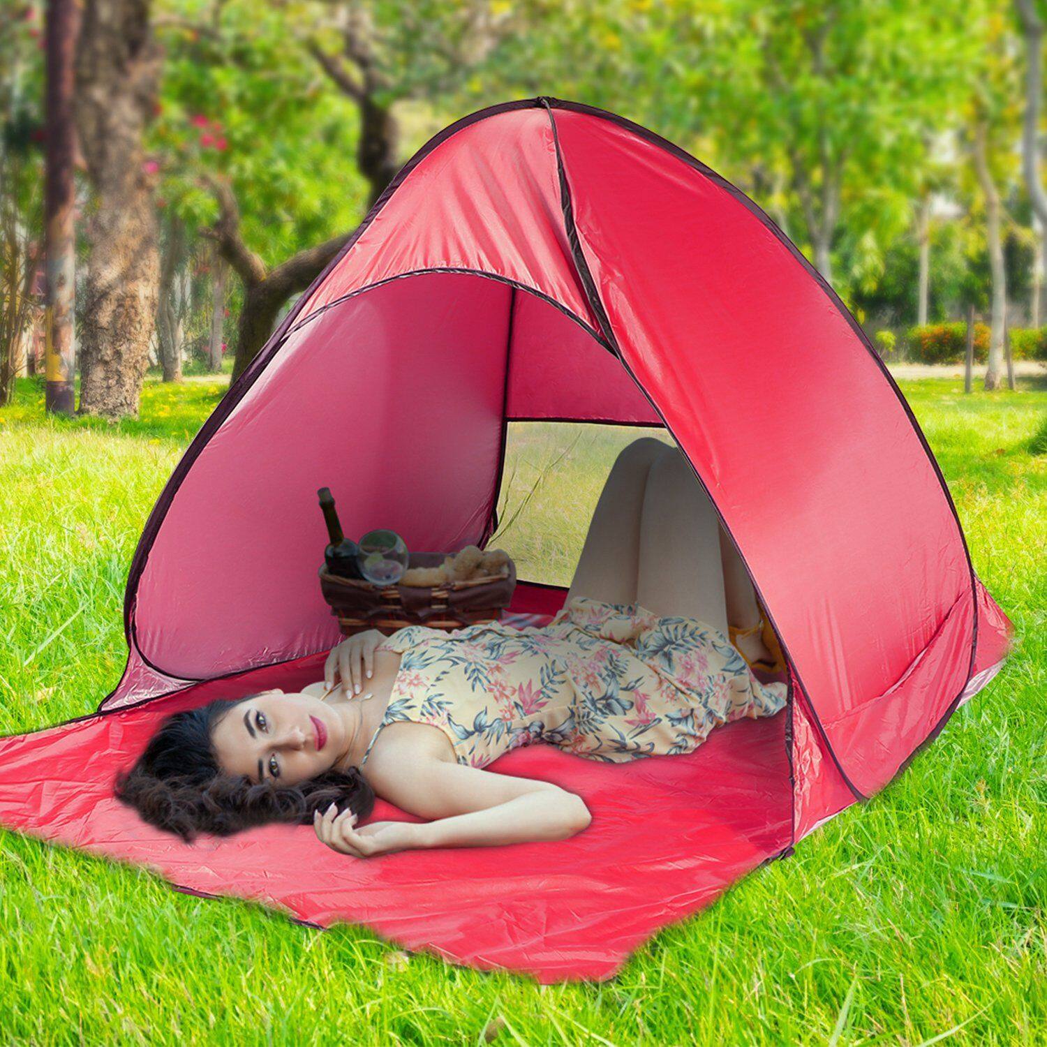 Left. Loheer - Loheer Pop Up Beach Tent Automatic Sun Shade Shelter Anti-UV Waterproof Canopy Red - Red.