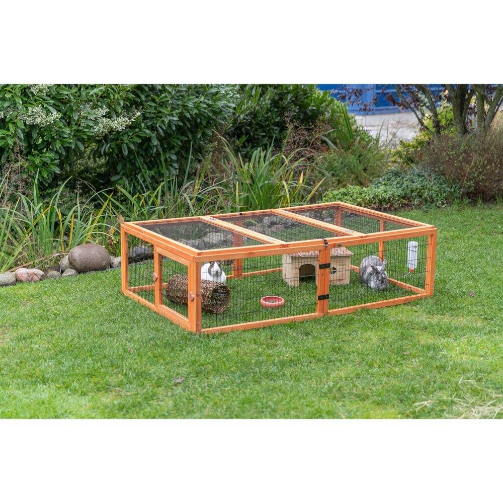 Left. TRIXIE - Weatherproof Outdoor Animal Cage and Run Extension Hinged Roof - Brown.