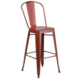 Emma + Oliver - Commercial Grade 30"H Distressed Colorful Metal Indoor-Outdoor Barstool w/ Back - Kelly Red