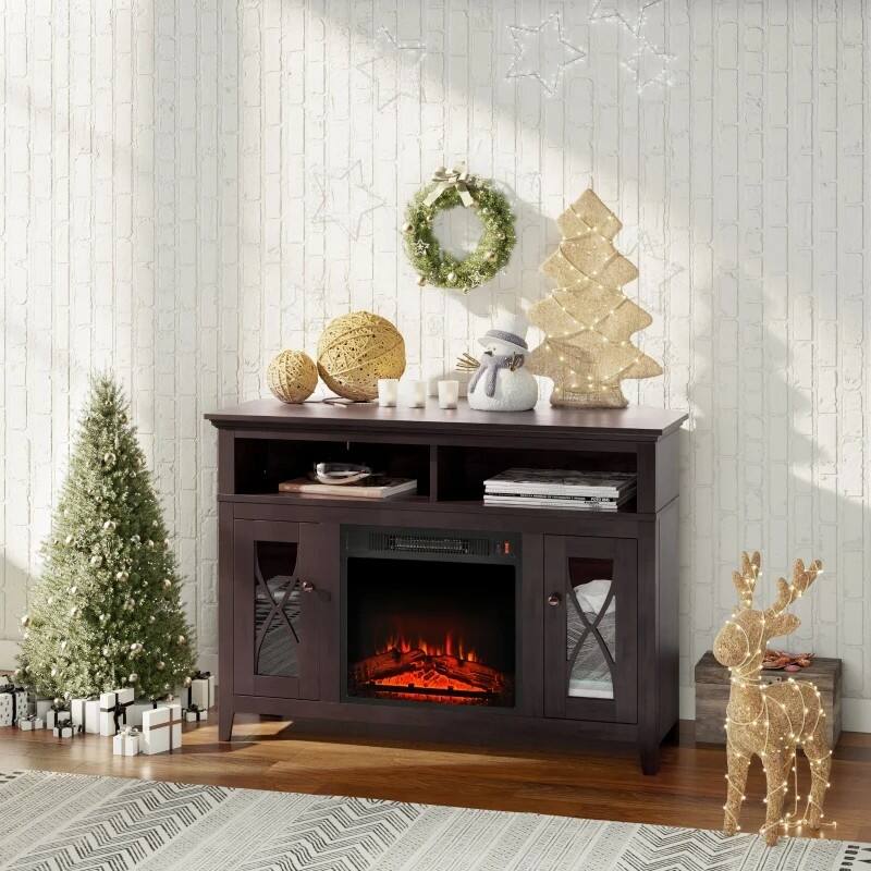 Angle. Hivvago - Espresso Electric Fireplace Mantel TV Stand w/ Adjustable Shelves 2 Storage Cabinets - Espresso.
