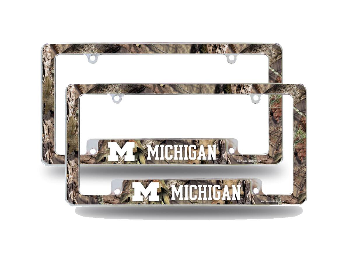 Michigan Wolverines Chrome Metal (Set of 2) License Plate Frames with Bold Mossy Oak Camouflaged Camo Design