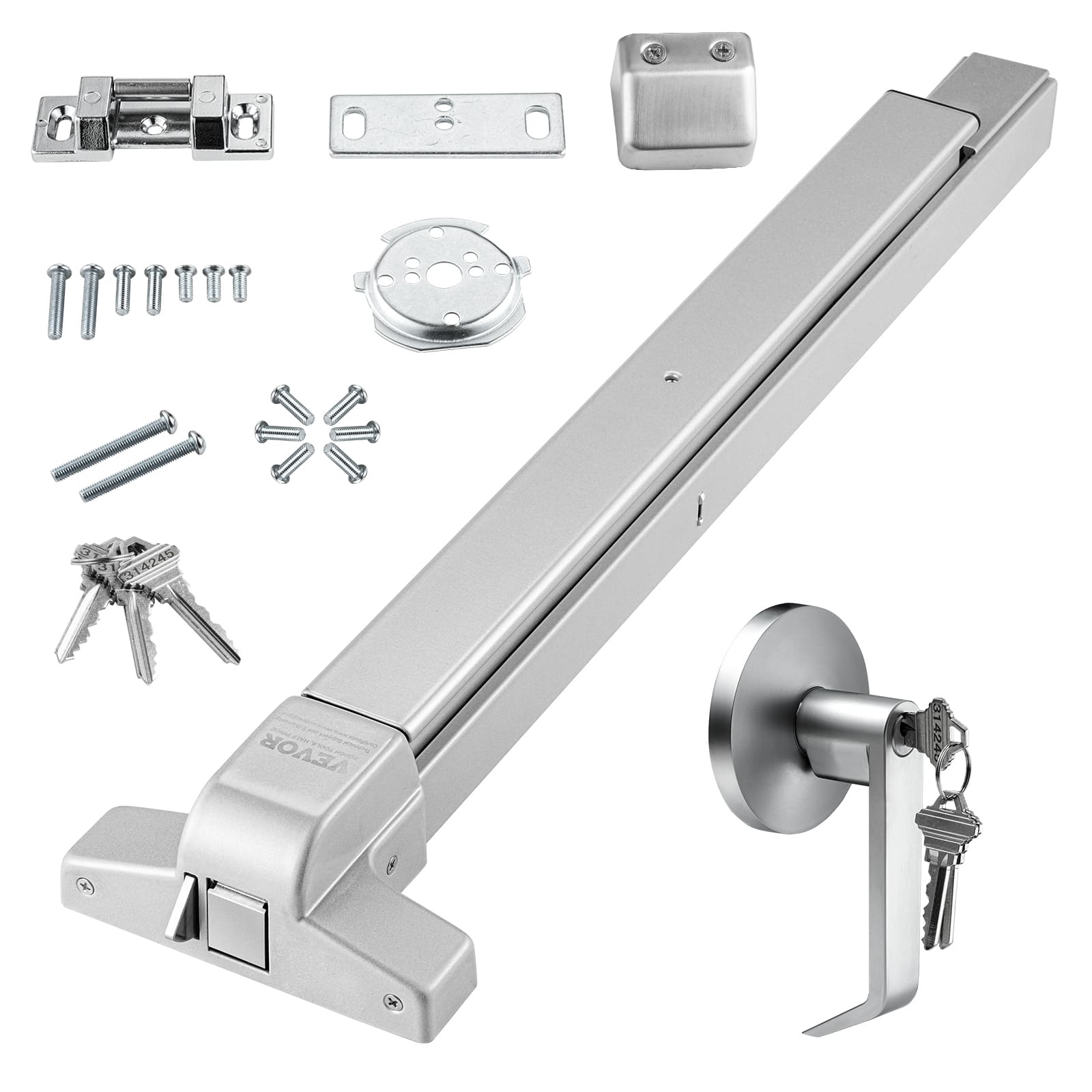 VEVOR - Push Bar Door Locks, Carbon Steel Panic Bars for Exit Doors, with Exterior Lever and 3 Keys, Push Bar Panic Exit Device - Silver