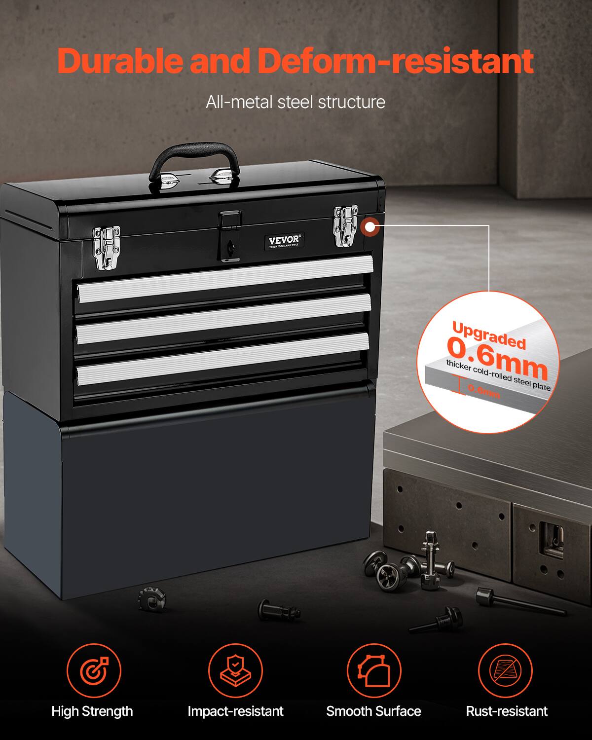 Durable and Deform-resistant  
All-metal steel structure  

Upgraded 0.6mm thicker cold-rolled steel plate  

High Strength  
Impact-resistant  
Smooth Surface  
Rust-resistant