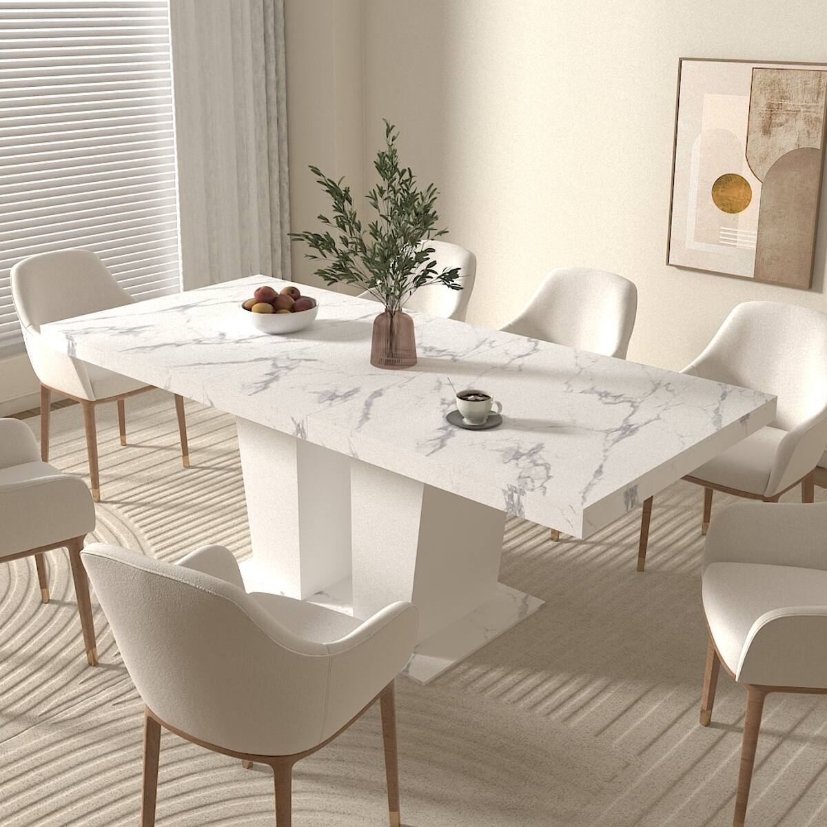 Back. Loheer - Loheer Extendable Dining Table, White Faux Marble Rectangle Table for Six to Ten, Dual Pedestal Base - White Marble.