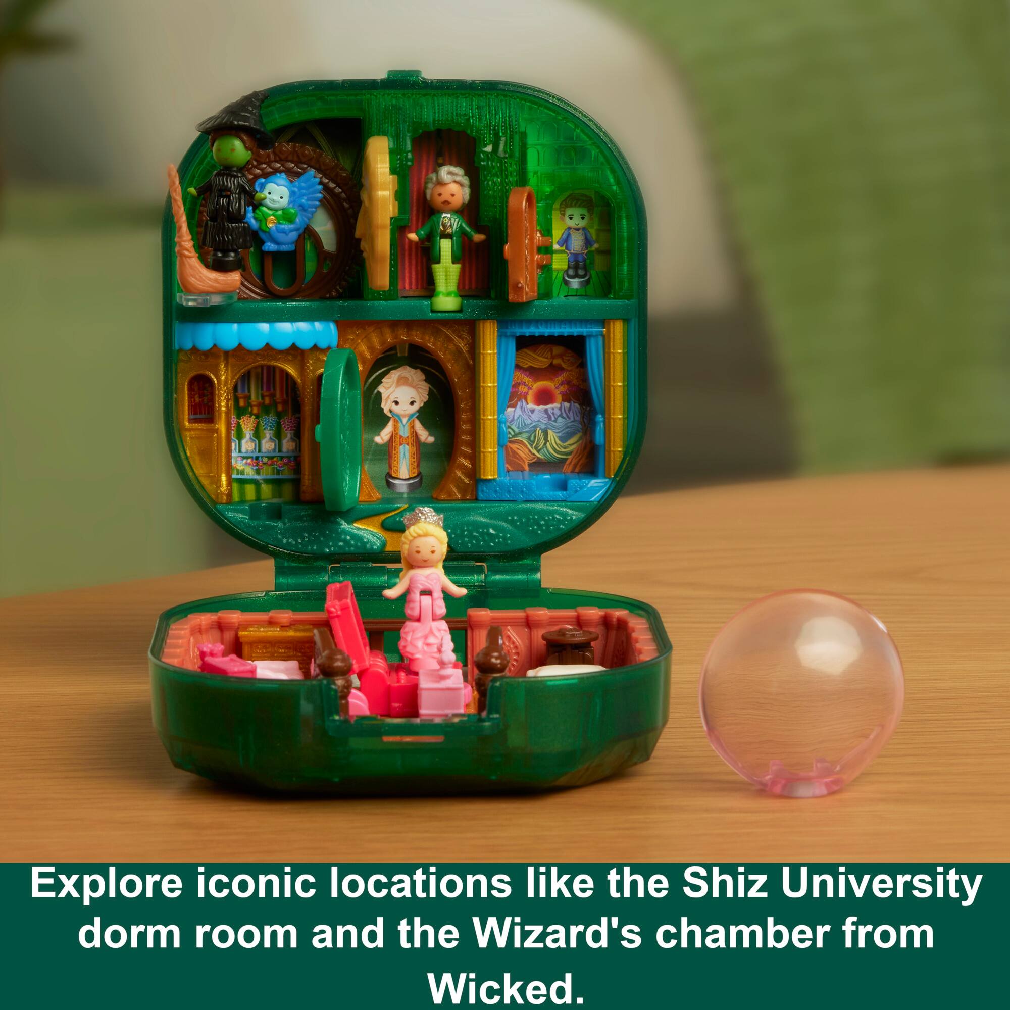 Explore iconic locations like the Shiz University dorm room and the Wizard's chamber from Wicked.
