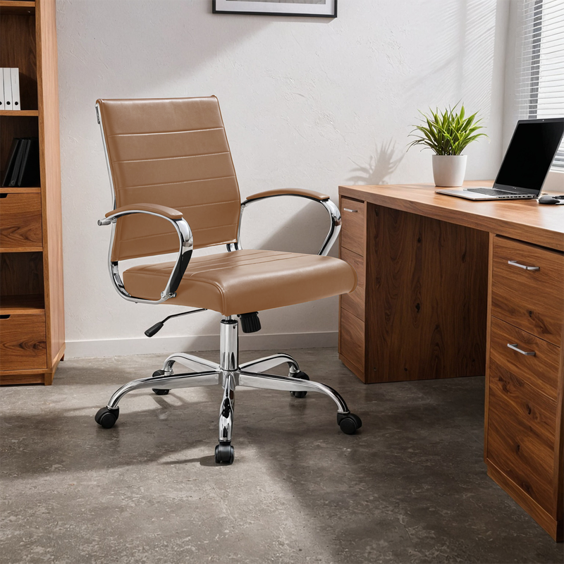 Angle. LeisureMod - Benmar Modern Leather Office Desk Chair with Ribbed Seat Design and Steel Frame Computer Chair - Brown.