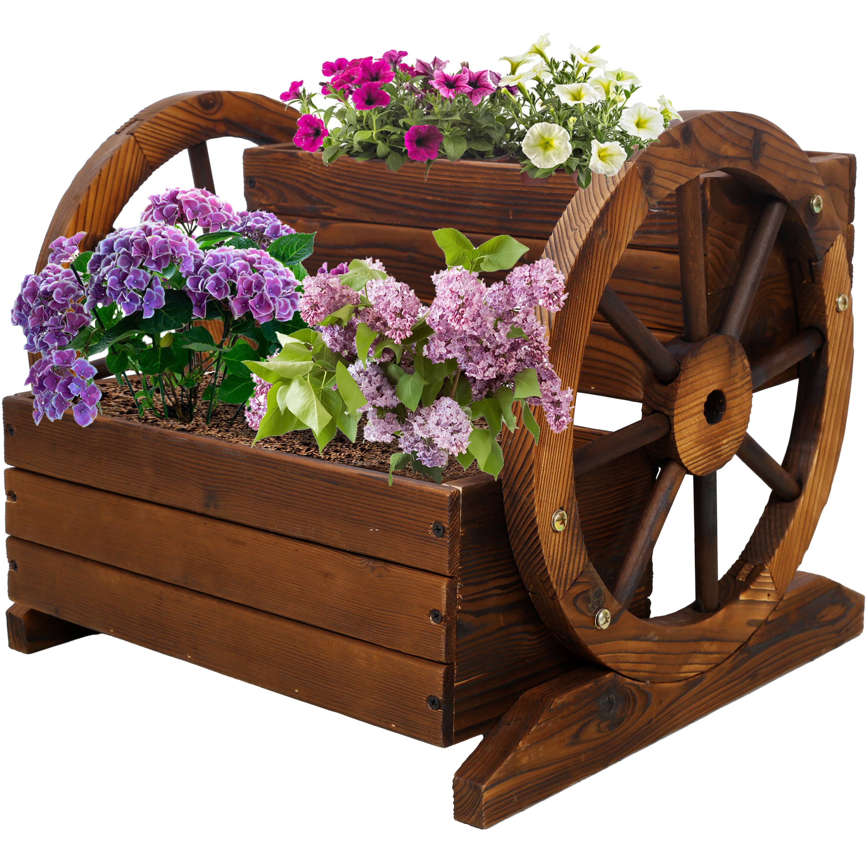 Alt View 4. GOODSILO - Wooden Wagon Planter Box - 2 Tier Garden Flower Cart for Indoor Outdoor Plants & Herbs - Brown.