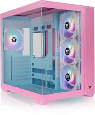In the image, there is a pink and blue computer case with three fans on the side. The fans are colorful and have a rainbow pattern. The case is open, revealing the internal components of the computer. The fans are likely used for cooling purposes, ensuring that the computer runs efficiently and avoids overheating. The combination of pink and blue colors, along with the rainbow pattern on the fans, adds a unique and visually appealing touch to the computer case.