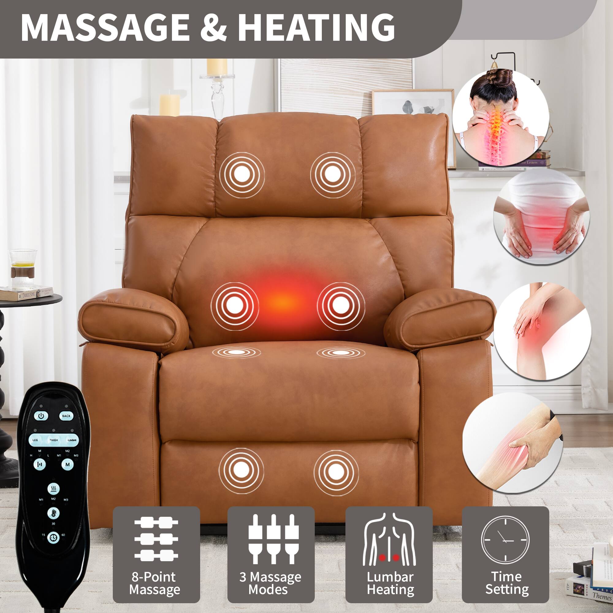 MASSAGE & HEATING

- 8-Point Massage
- 3 Massage Modes
- Lumbar Heating
- Time Setting