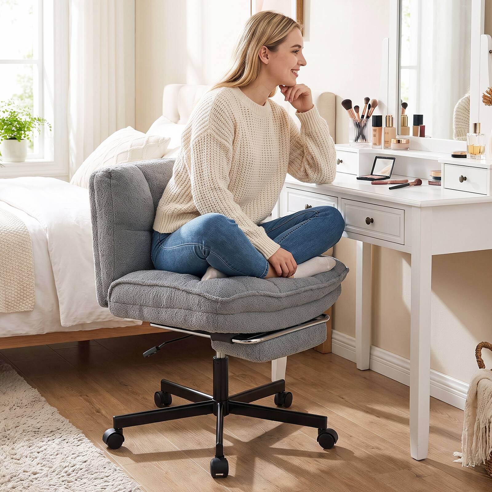 Alt View 4. Costway - Costway Ergonomic Reclining Swivel Vanity Chair with Thick Padded Seat, Rolling Casters - Gray.