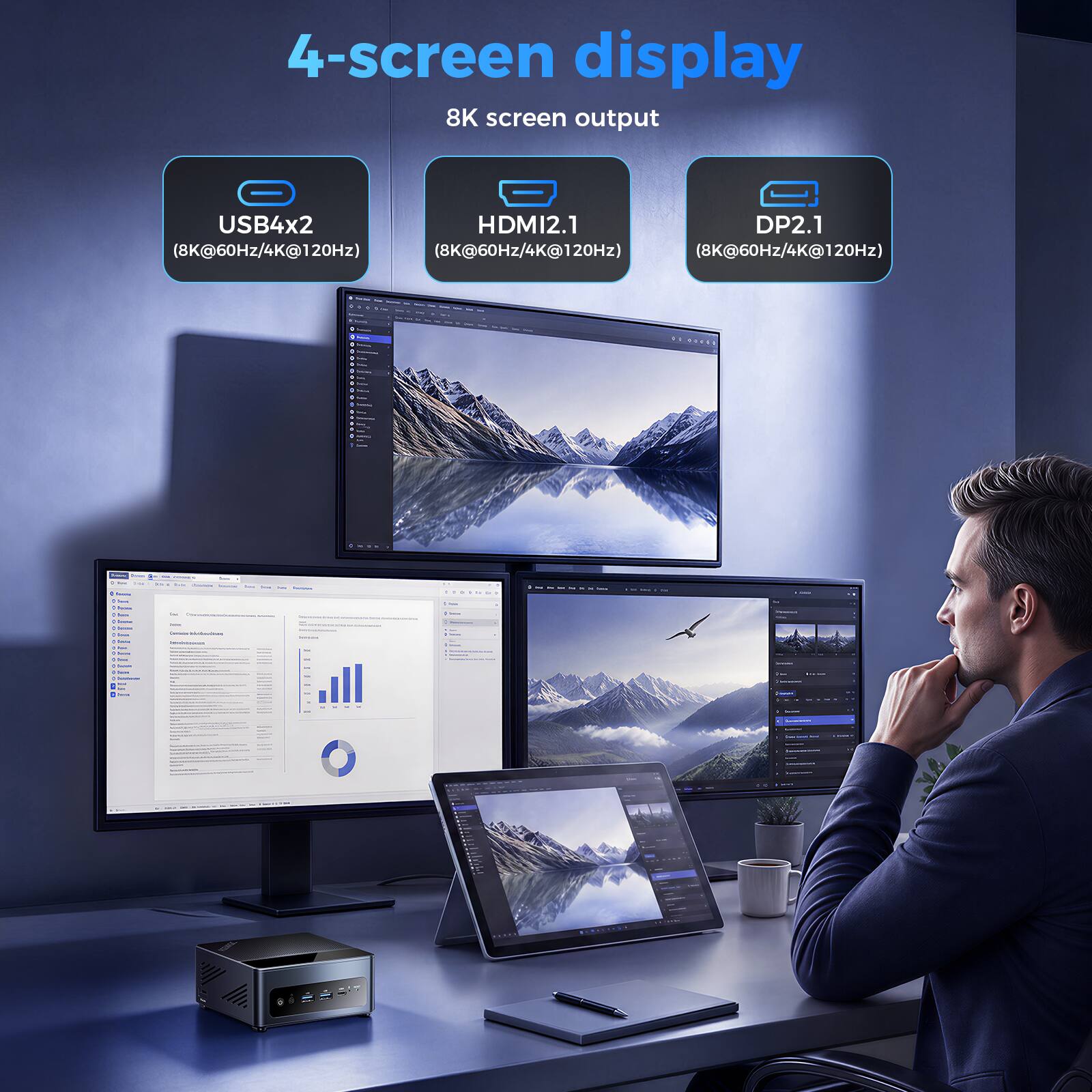 4-screen display  
8K screen output  
USB4x2  
HDMI2.1  
DP2.1  
(8K@60Hz/4K@120Hz)