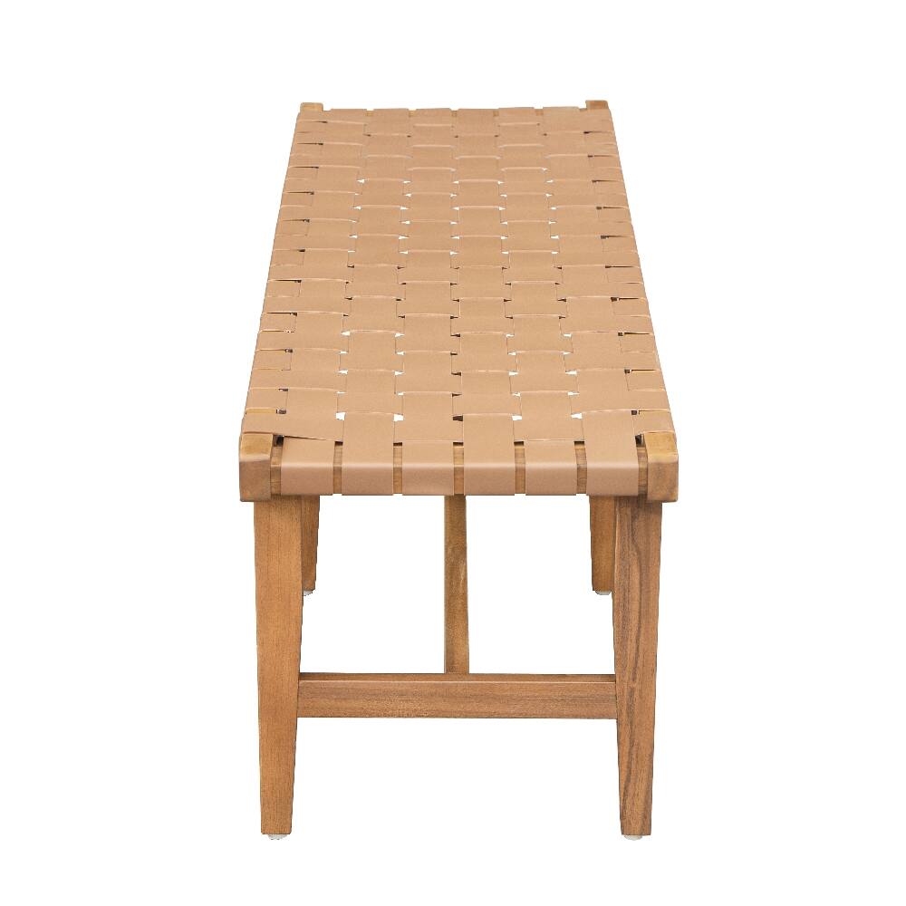 Back. Ropilly - Ropilly Acacia Wood Bedroom Bench with Woven PU Leather Seat, Teak Finish Accent Bench for End of Bed - Teak.