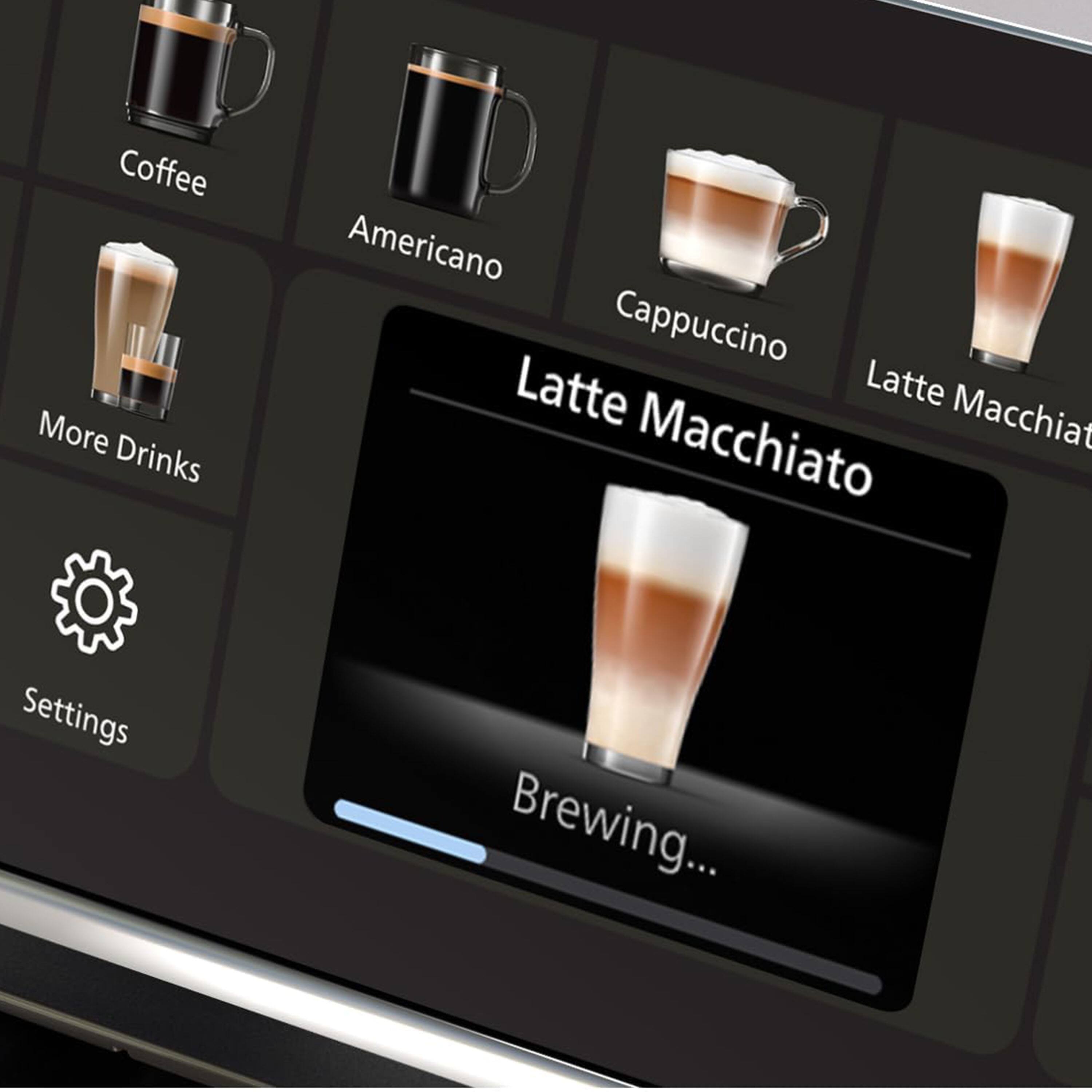 Coffee  
Americano  
Cappuccino  
Latte Macchiato  
More Drinks  
Settings  
Brewing...
