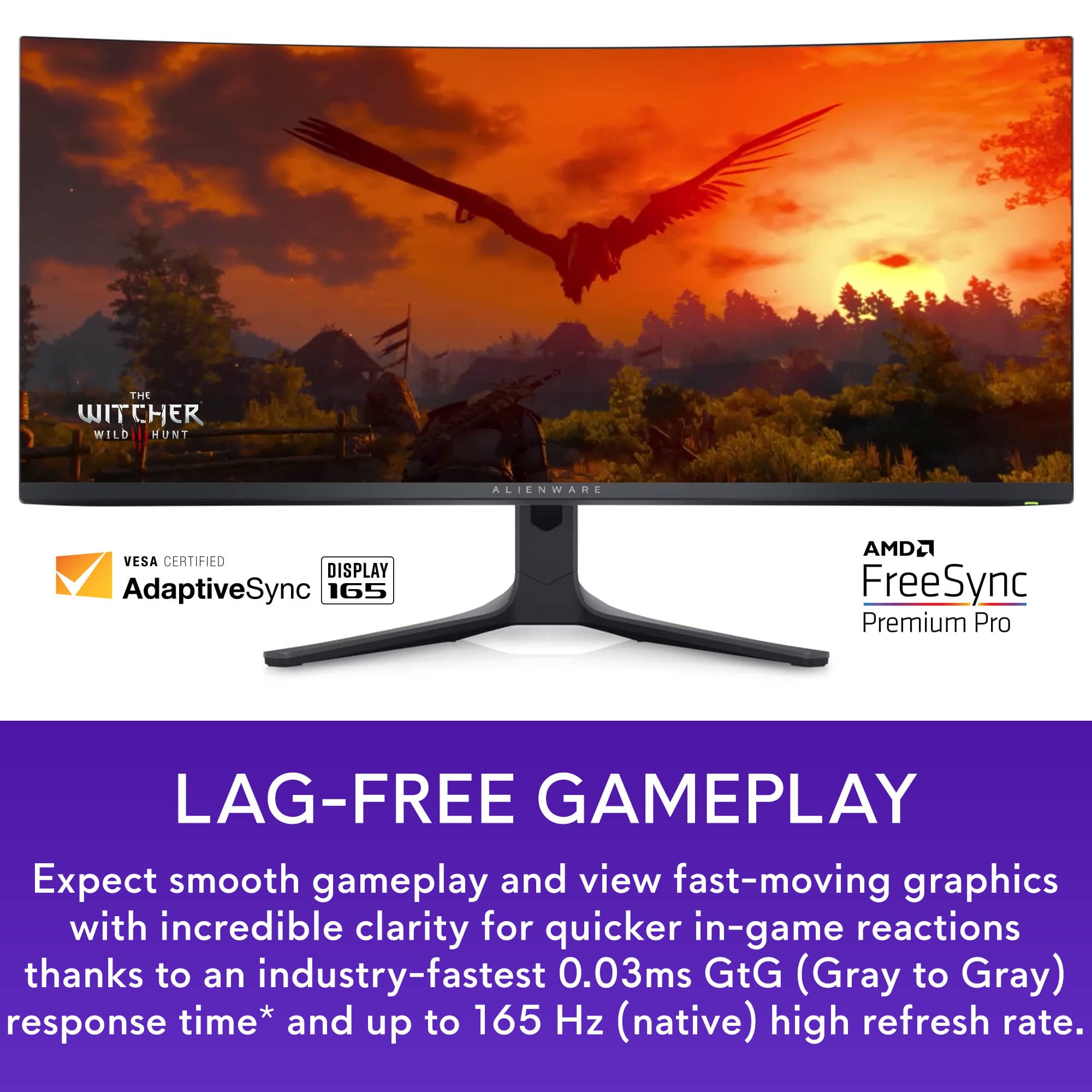 The Witcher Wild Hunt is displayed on a large Alienware monitor that is VESA certified and features AdaptiveSync technology. This monitor is designed for lag-free gameplay, providing smooth gameplay and fast-moving graphics with incredible clarity. The monitor has an industry-fastest 0.03ms GtG (Gray to Gray) response time and a high refresh rate of up to 165 Hz (native).