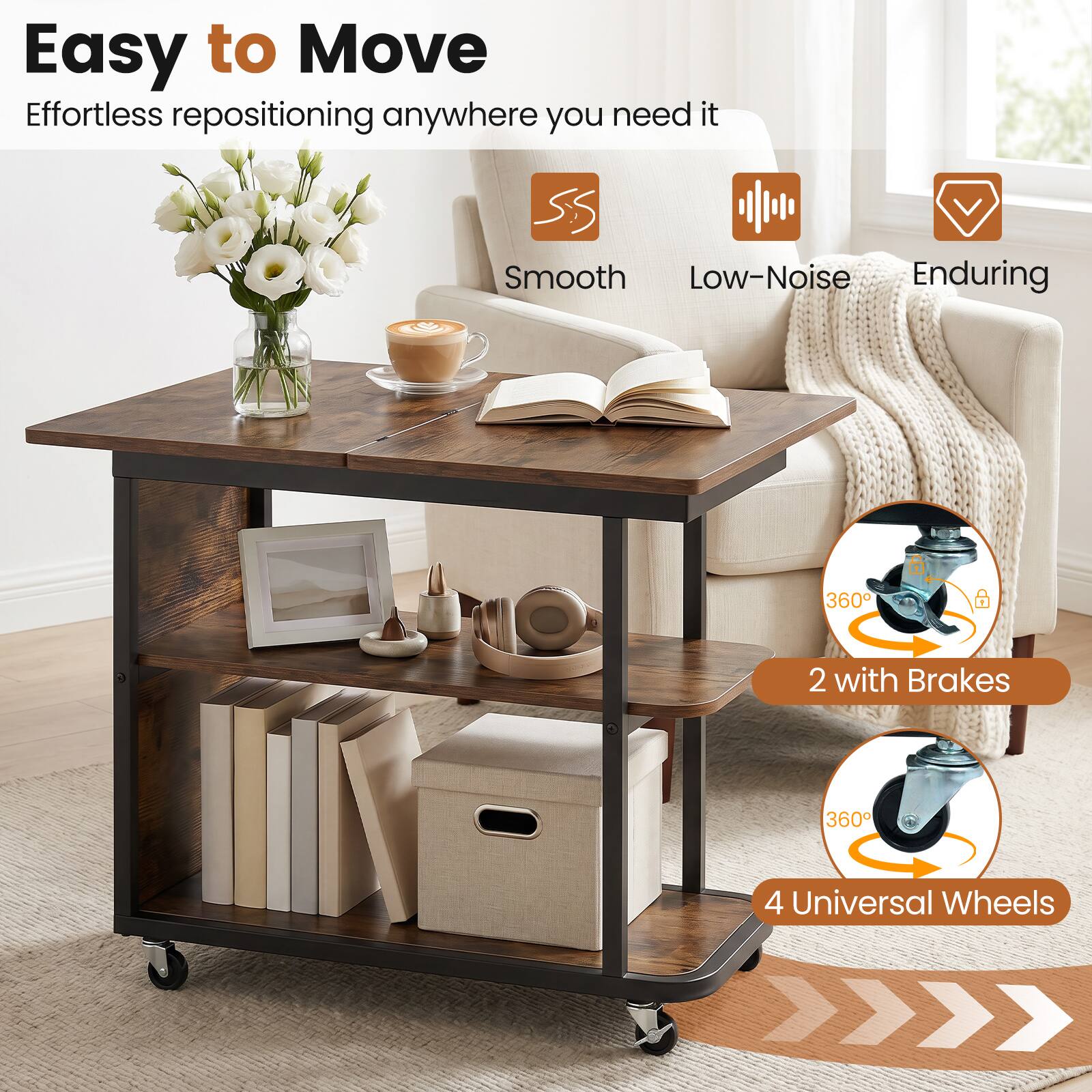 Easy to Move  
Effortless repositioning anywhere you need it  
Smooth  
Low-Noise  
Enduring  
360° 2 with Brakes  
360° 4 Universal Wheels