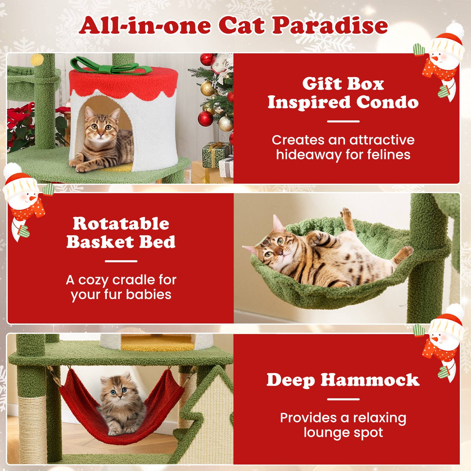 All-in-one Cat Paradise

Gift Box Inspired Condo
- Creates an attractive hideaway for felines

Rotatable Basket Bed
- A cozy cradle for your fur babies

Deep Hammock
- Provides a relaxing lounge spot