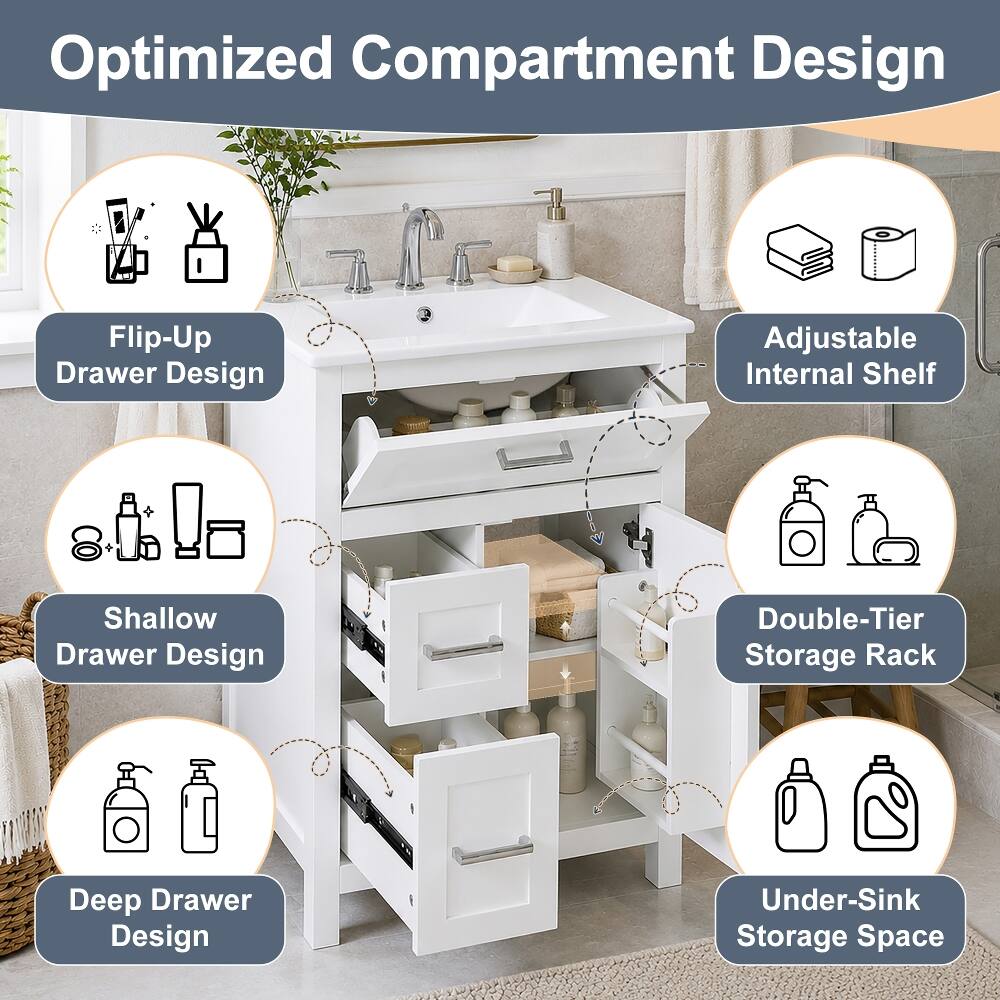 Optimized Compartment Design

- Flip-Up Drawer Design
- Adjustable Internal Shelf
- Shallow Drawer Design
- Double-Tier Storage Rack
- Deep Drawer Design
- Under-Sink Storage Space