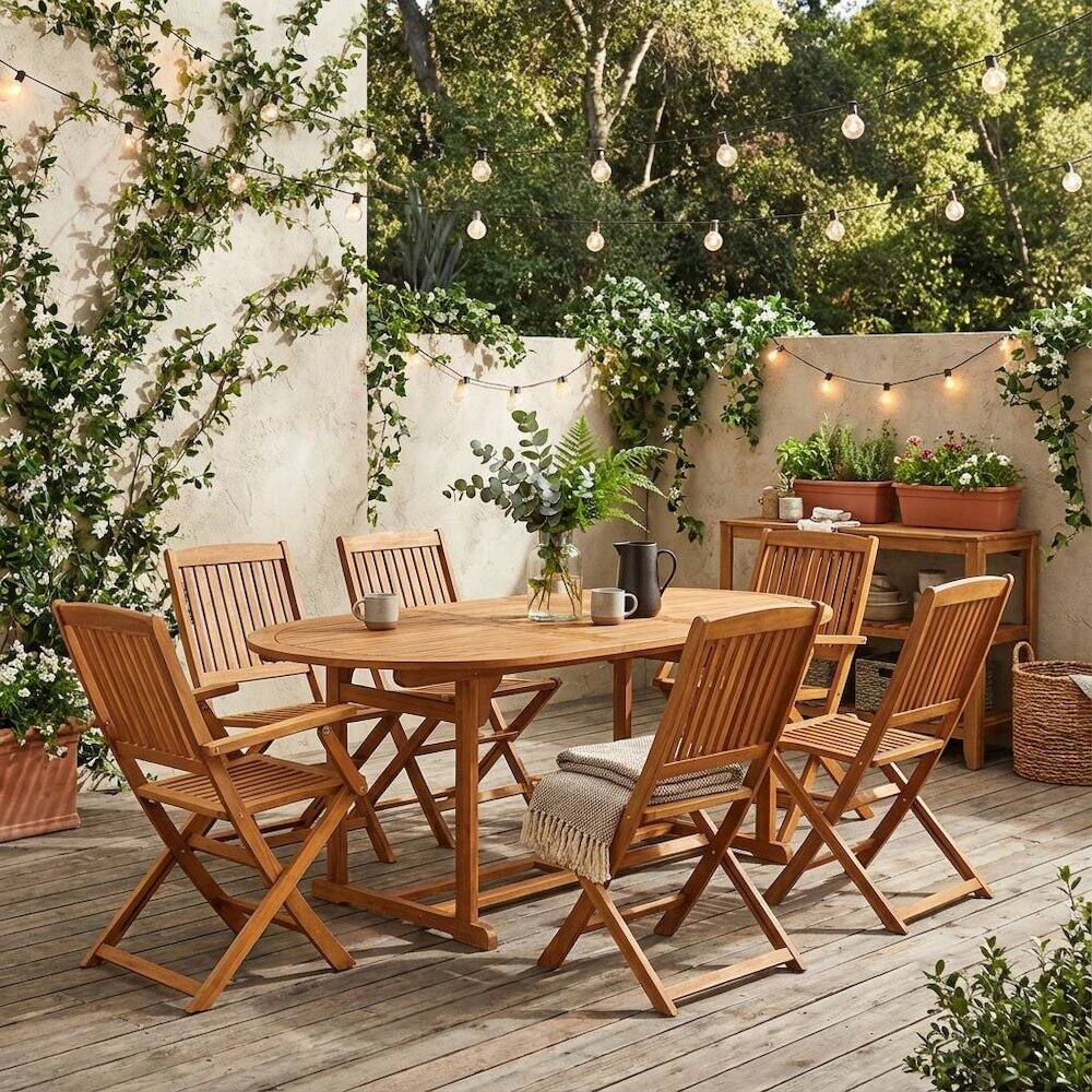 Alt View 4. Outdoor Escape - Wooden Patio Set Oil-Finish with Dining Table and 8 Chairs - Brown.