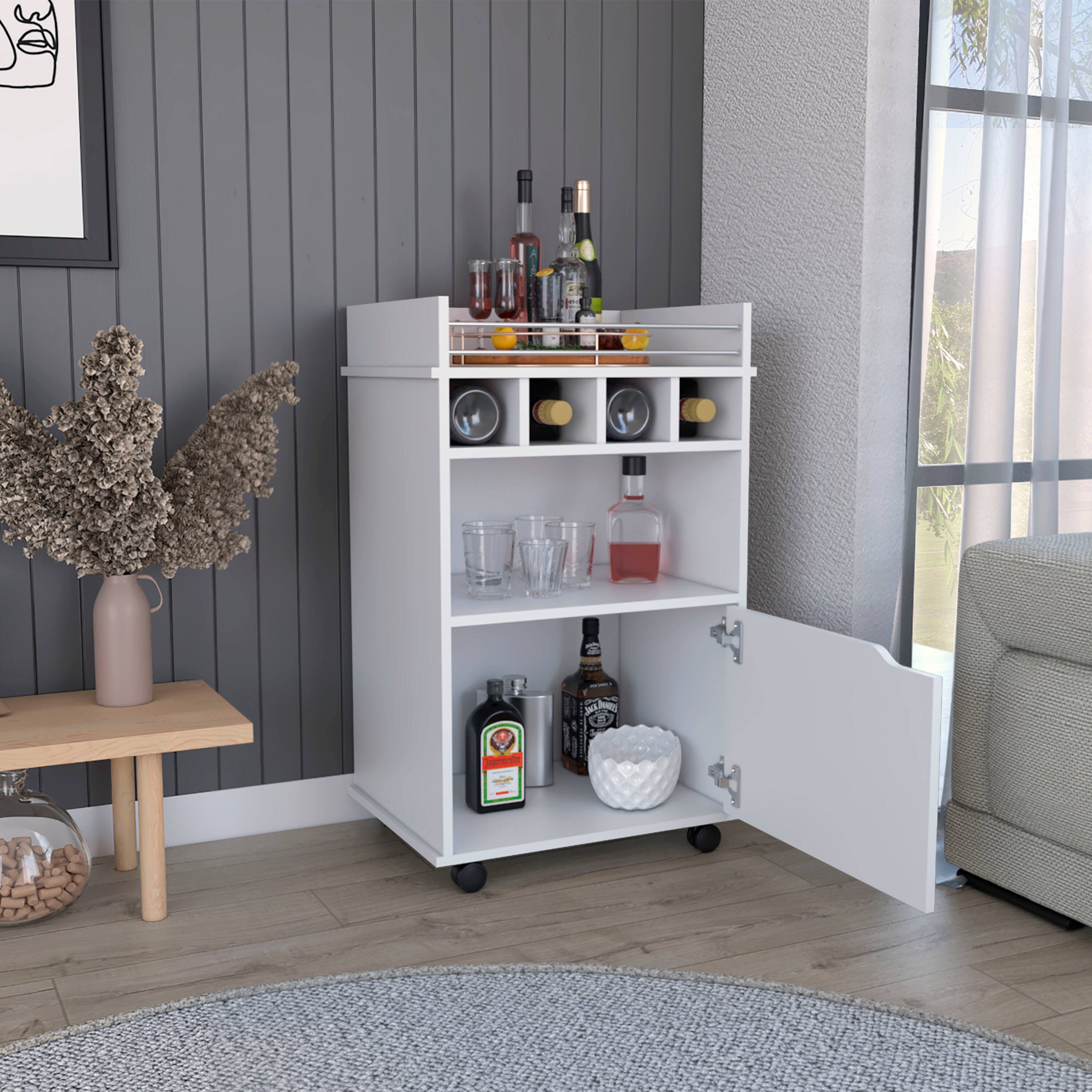 Back. TuHome - Phoenix Bar Cart with 2 Open Shelves, 4 Wine Cubbies And a Cabinet, Living Room or Bar Room - White.