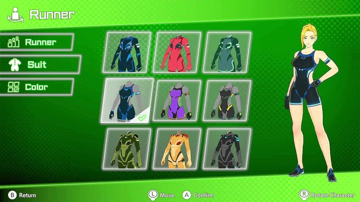 Runner  
Suit  
Color  

Return (B)  
Move (L)  
Confirm (A)  
Rotate Character (R)