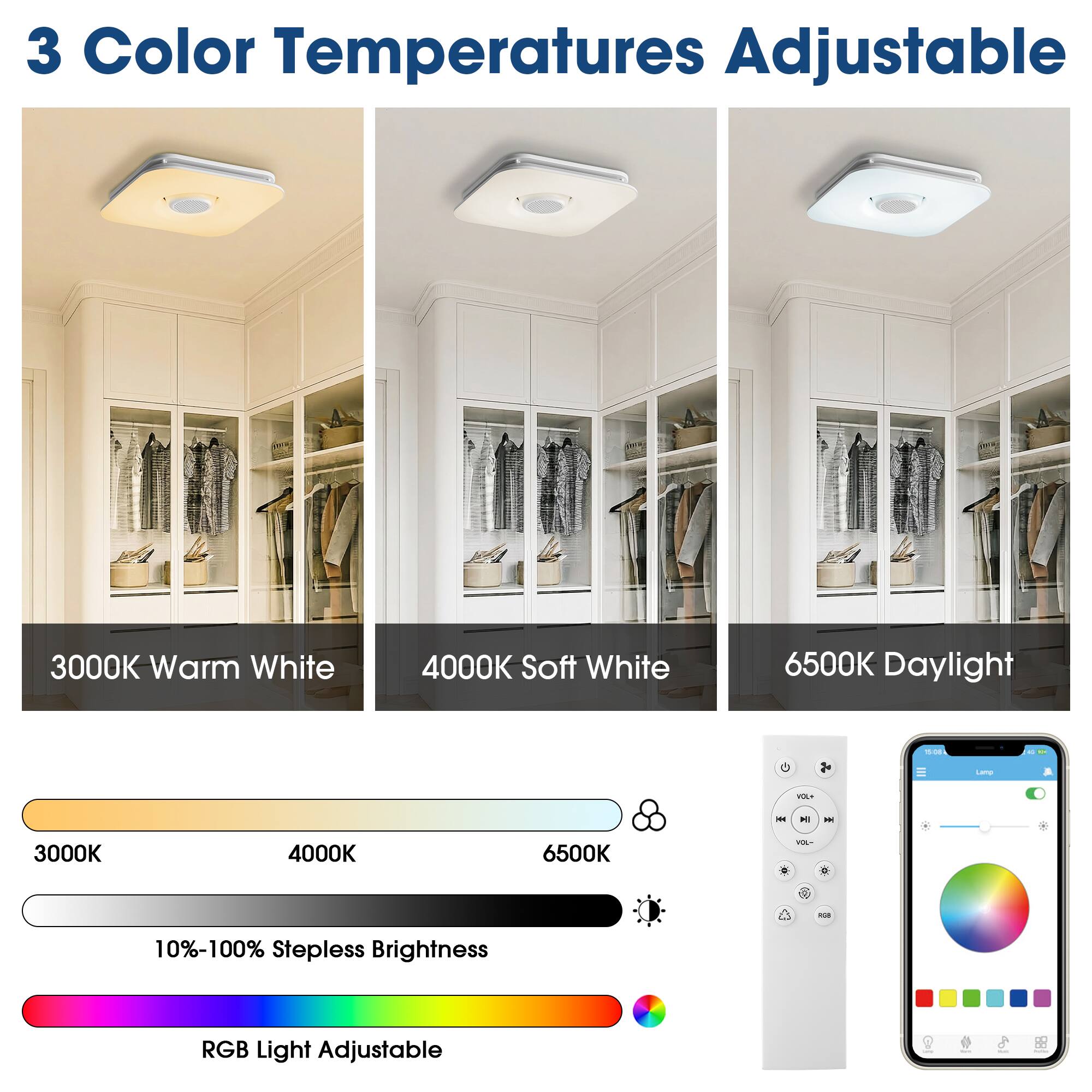 3 Color Temperatures Adjustable  
3000K Warm White  
4000K Soft White  
6500K Daylight  

10%-100% Stepless Brightness  
RGB Light Adjustable