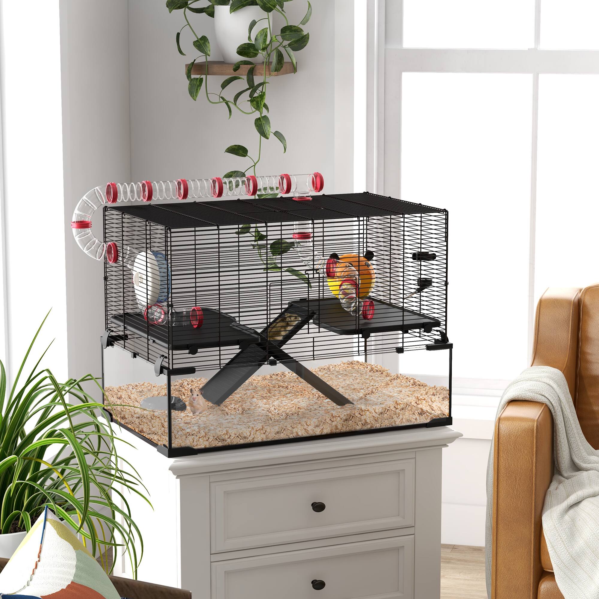 Angle. Pawhut - 31" Extra Large Hamster Cage with Tube Tunnel, for Dwarf Hamster, Rat, Gerbil with Deep Glass Bottom, Water Bottle.
