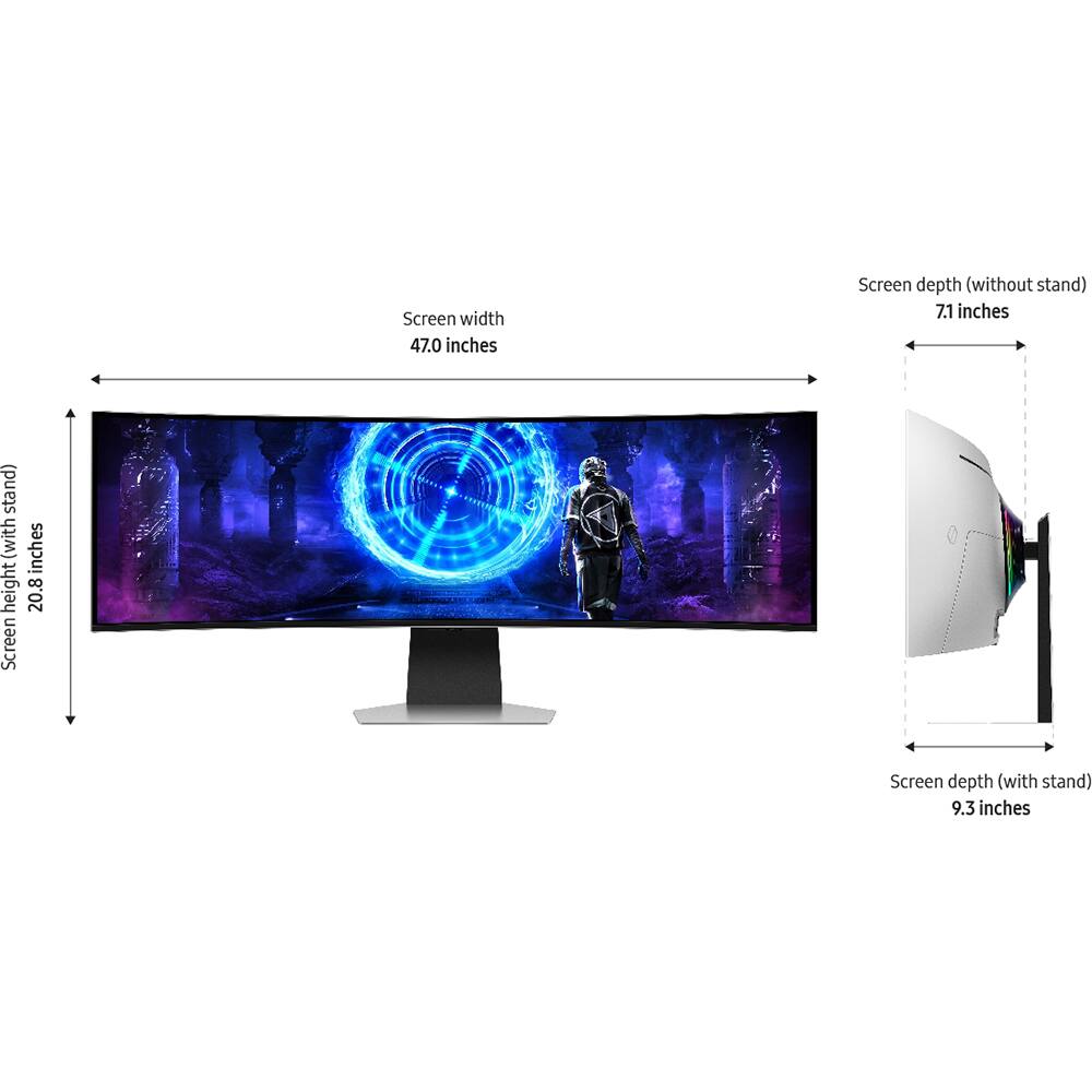 Screen width: 47.0 inches  
Screen height: 20.8 inches  
Screen depth (without stand): 7.1 inches  
Screen depth (with stand): 9.3 inches