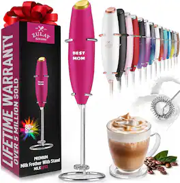 Zulay Kitchen - Powerful Milk Frother Handheld Foam Maker for Lattes - Whisk Drink Mixer for Coffee by Milk Boss Best Mom - Pink