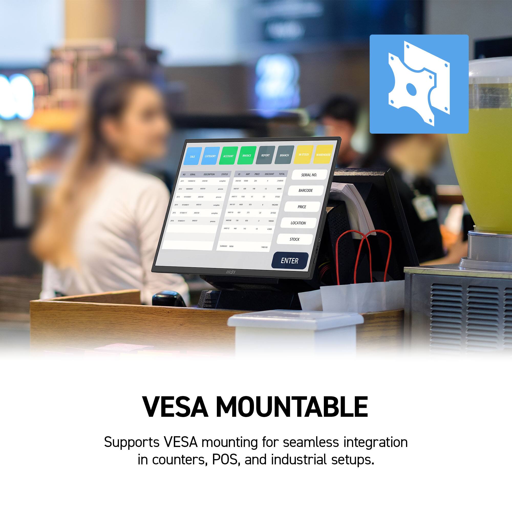 VESAMOUNTABLE

Supports VESA mounting for seamless integration in counters, POS, and industrial setups.